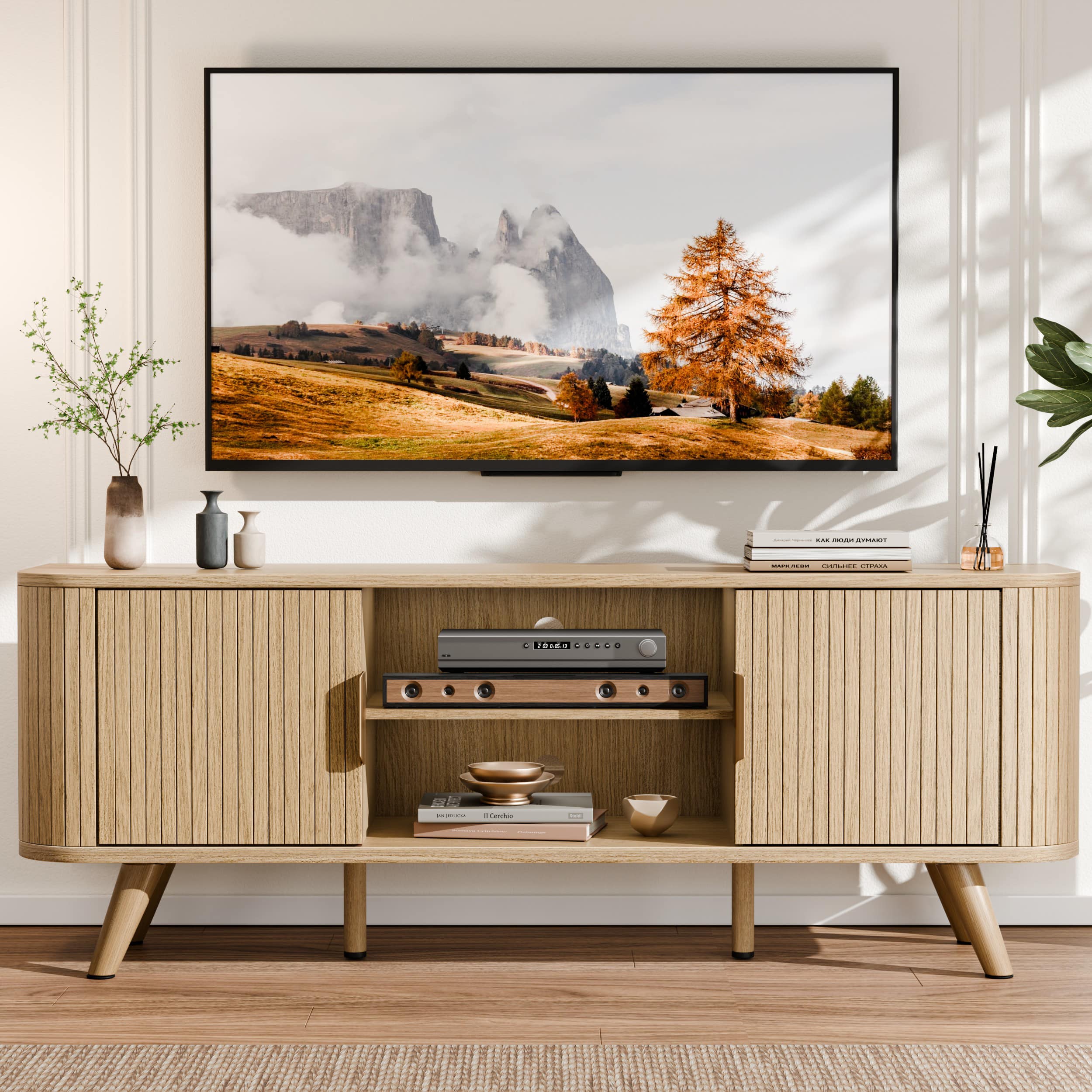 Furnulem - 55 Inch Fluted TV Stand 3 Door Media Console with Adjustable Shelves - Yellow