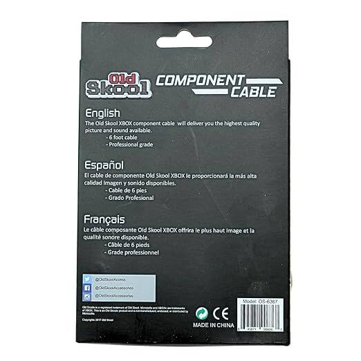 Old Skool COMPONENT CABLE

English
The Old Skool XBOX component cable will deliver you the highest quality picture and sound available. .6 foot cable - Professional grade

Español
El cable de componente Old Skool XBOX le proporcionará la más alta calidad de imagen y sonido disponibles. - Cable de 6 pies - Grado Profesional

Français
Le câble composant Old Skool XBOX offrira le plus haut Image et la qualité sonore disponible. - Câble de 6 pieds - Grade professionnel

Model 08-6367 CE MADE IN CHINA #5871
