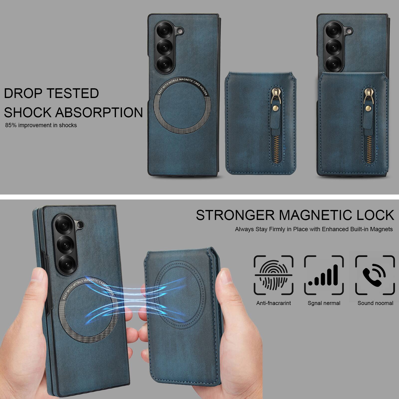 DROP TESTED SHOCK ABSORPTION  
85% improvement in shocks  

STRONGER MAGNETIC LOCK  
Always Stay Firmly in Place with Enhanced Built-in Magnets  

Anti-fingerprint  
Signal normal  
Sound normal