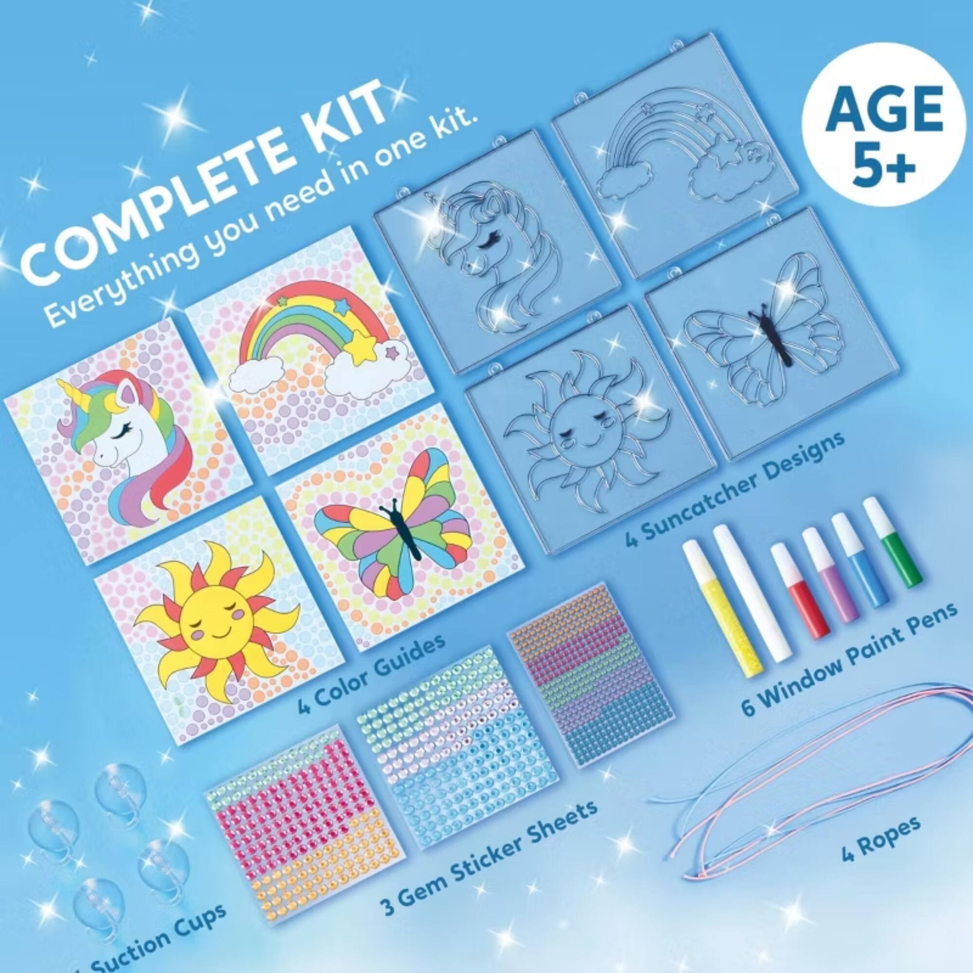 COMPLETE KIT  
Everything you need in one kit.  
AGE 5+  

4 Suncatcher Designs  
4 Color Guides  
3 Gem Sticker Sheets  
6 Window Paint Pens  
4 Ropes
