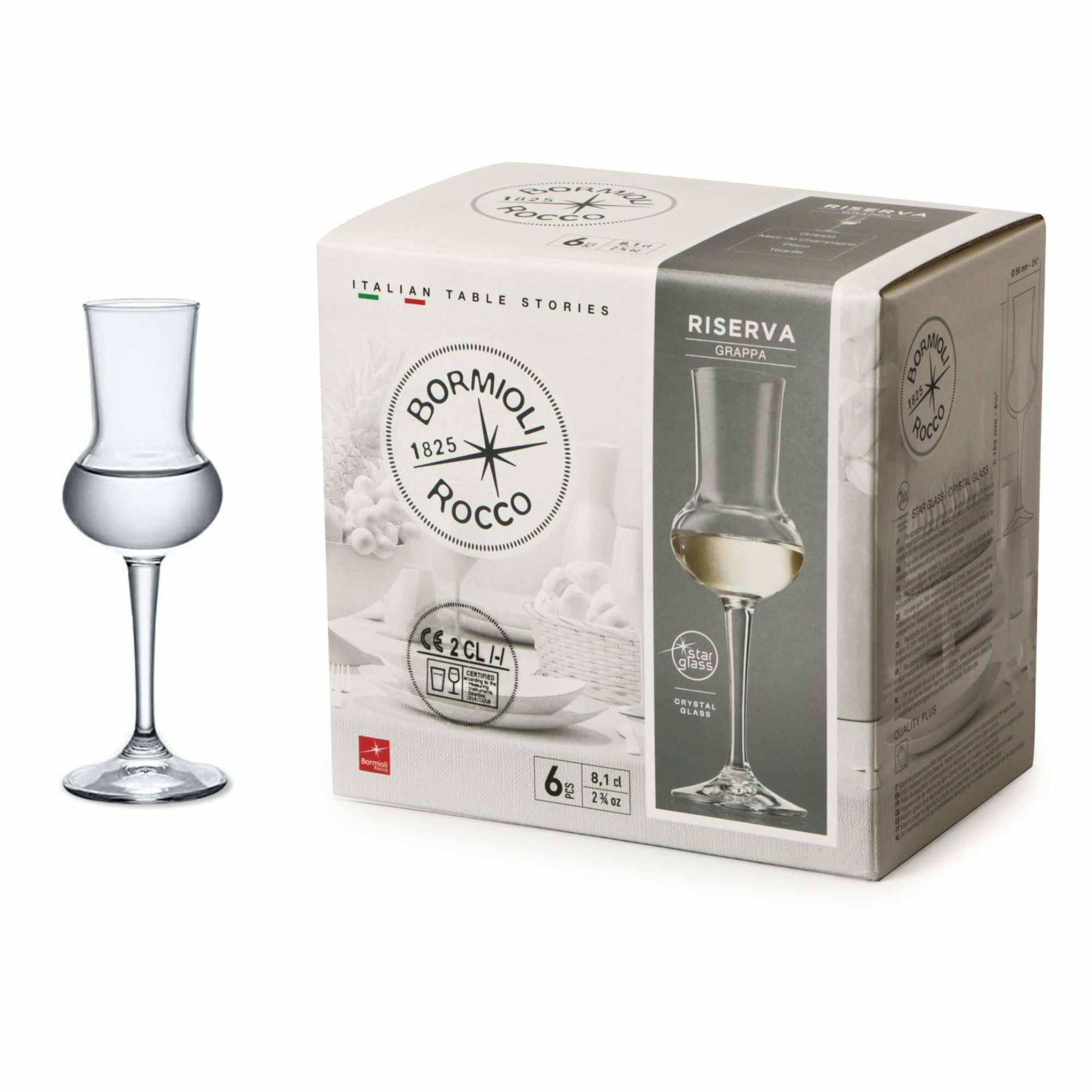 ITALIAN TABLE STORIES  
BORMIOLI 1825 ROCO RISERVA GRAPPA  
6 PCS  
8.1d  
2% oz  
2 OZ  
star glass  
CRYSTAL GLASS