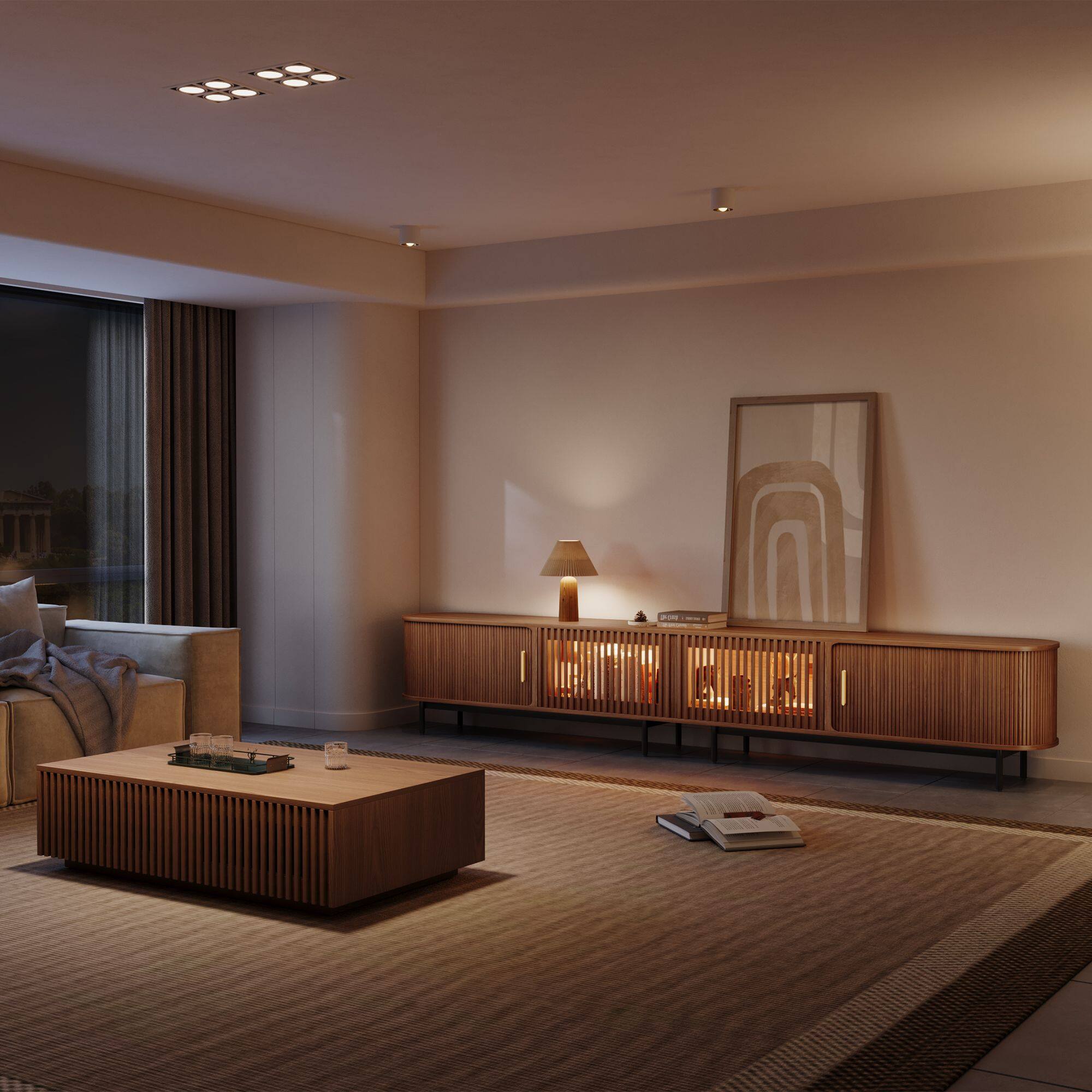 Left. POVISON - 118"Mid-Century Modern Tambour Door TV Stand,Walnut with LED Lights - Walnut with LED Lights.