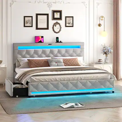 Front. Lent Glitter Wood - LED Bed Frame Queen Size with 4 Storage Drawers + 2 USB Ports and Outlets, Adjustable Upholstered Headboard, Solid Woode - Light Gray.