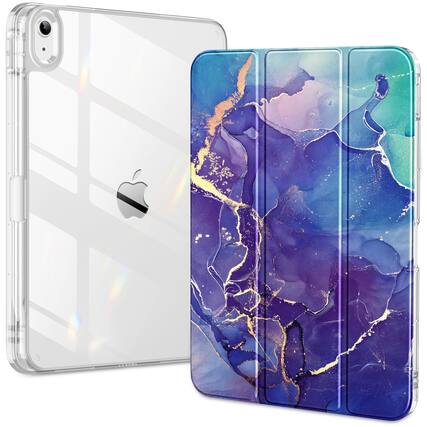 Front. DTTO - Case for iPad (A16)/10th Gen (2025/2022), clear hard back, soft TPU frame, slim trifold stand, auto wake/sleep - Royal Marble.