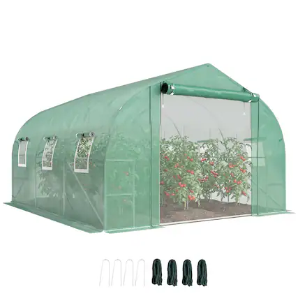 Front. Outsunny - Walk-in Tunnel Greenhouse with Shelves, Mesh Door and Windows - Green.