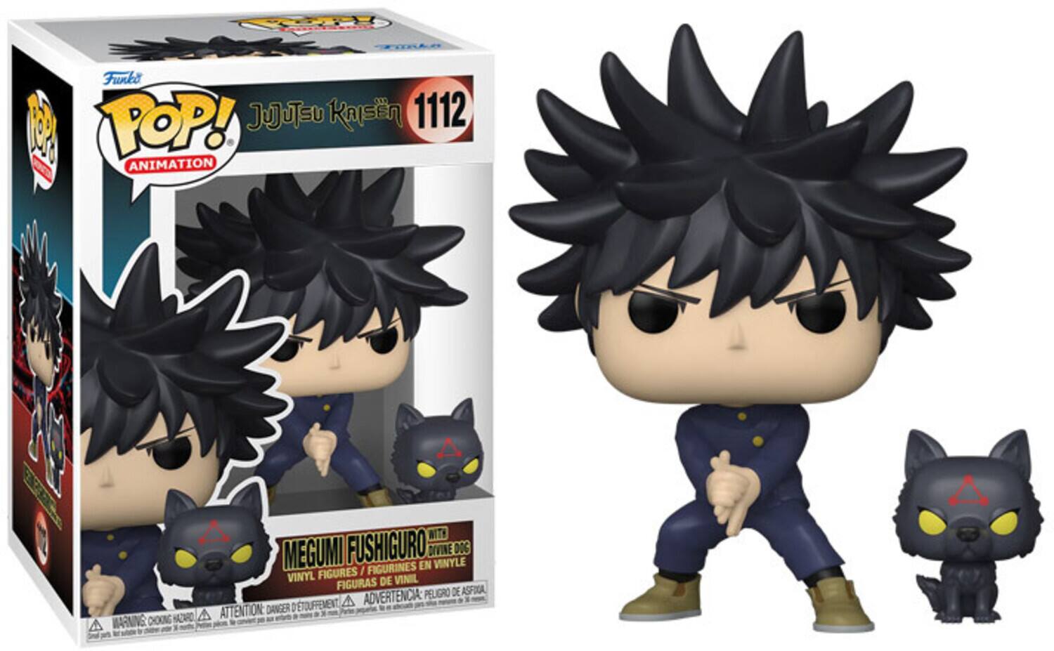 Funko Pop! Jujutsu Kaisen Animation 112: Megumi Fushiguro with Divine Dog Vinyl Figures. Advertencia: Peligro de Detrucción. Attention: Danger of Choking Hazard.