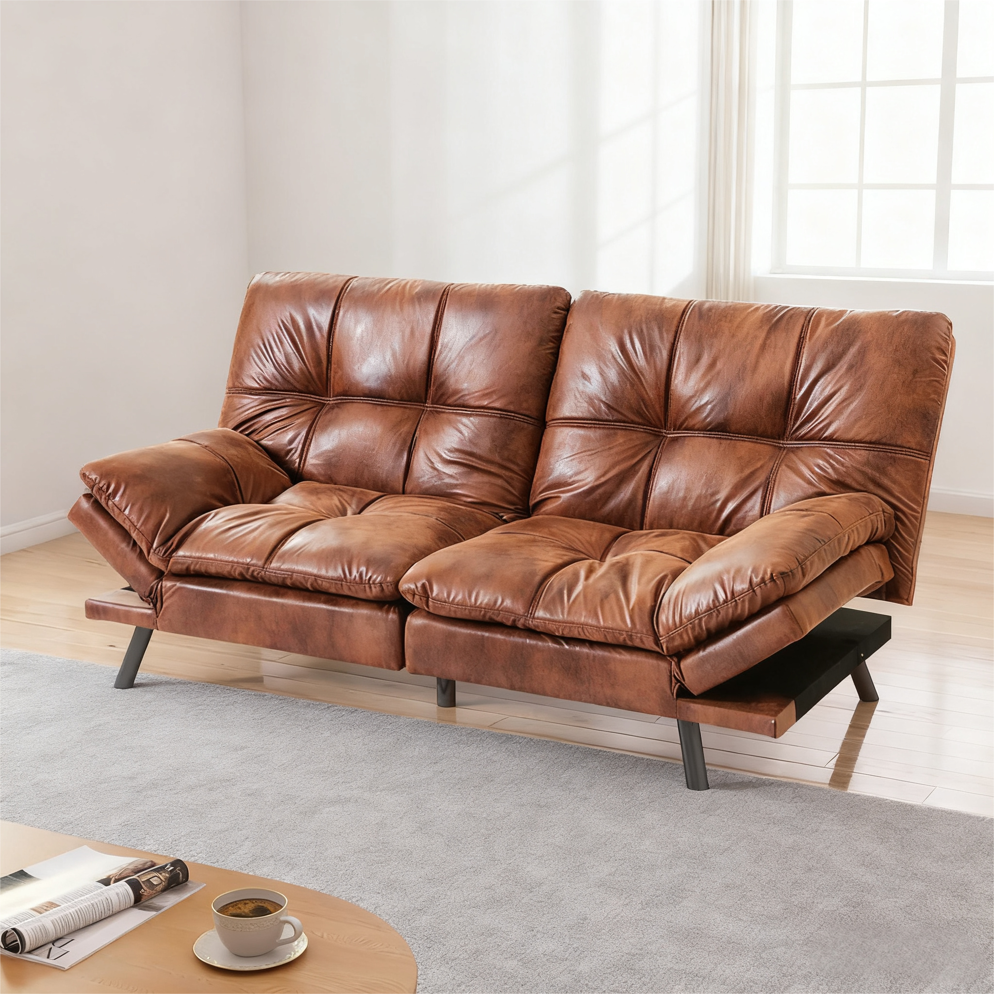 Front. Dyonery - Dyonery 71-inch leather sofa, with adjustable backrest and armrests, multiple mode switching, fashionable sofa - Brown.