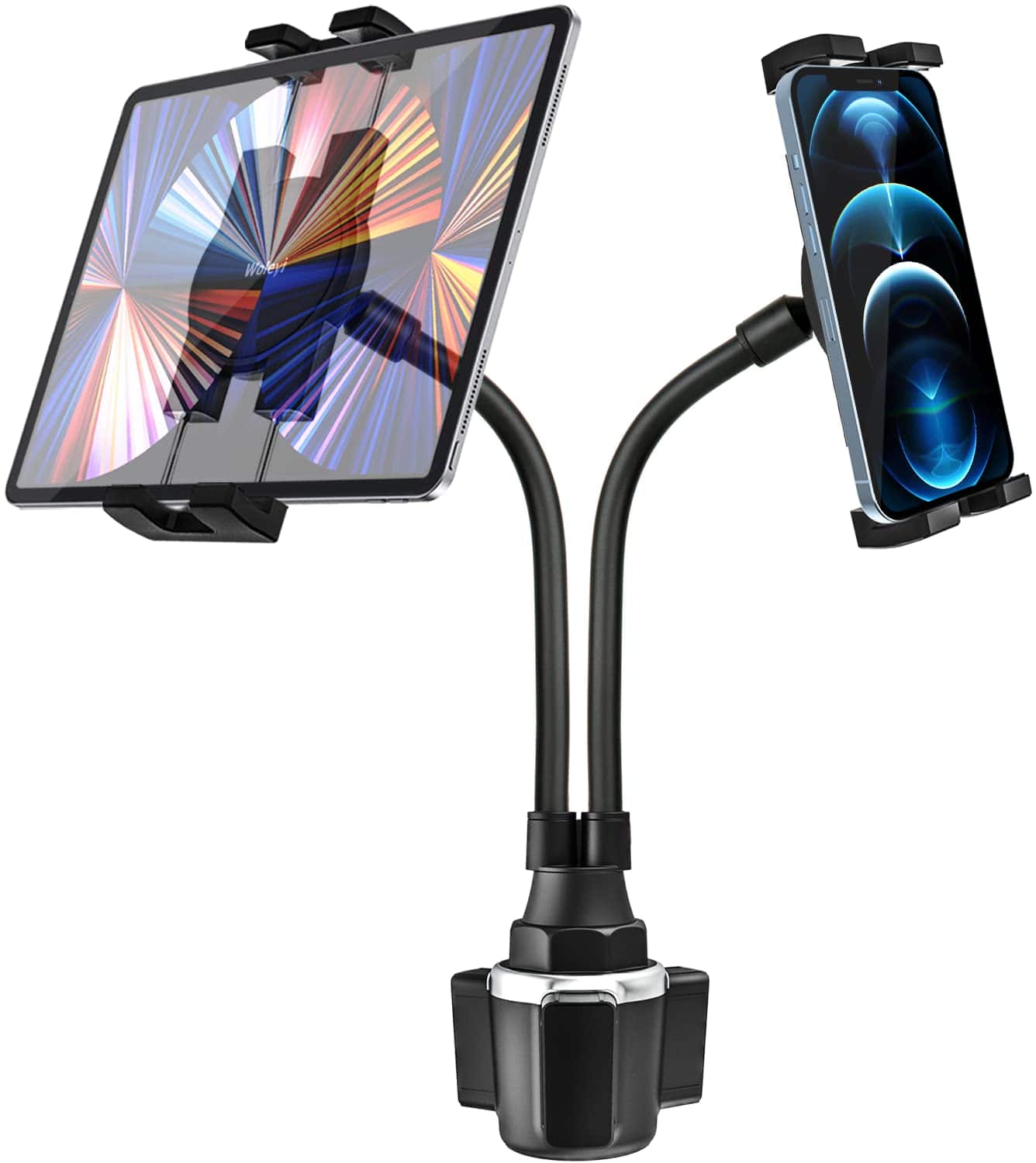 TECH SAFARI - Cup Holder Tablet Mount For Car Dual Ipad Phone With 10 Gooseneck Arm Pro Air Mini Galaxy Tabs Z Fold Fire - Default
