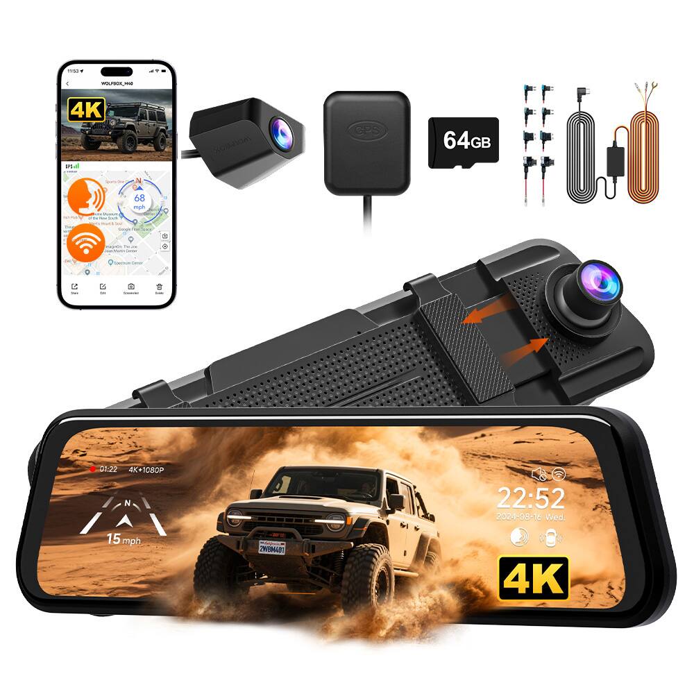 WOLFBOX - M40 10" WiFi GPS Mirror Dash Cam, 4K Front+1080P Dash Camera, ASDS, Night Vision, Voice Control, Parking Mode, 64GB Card - Black