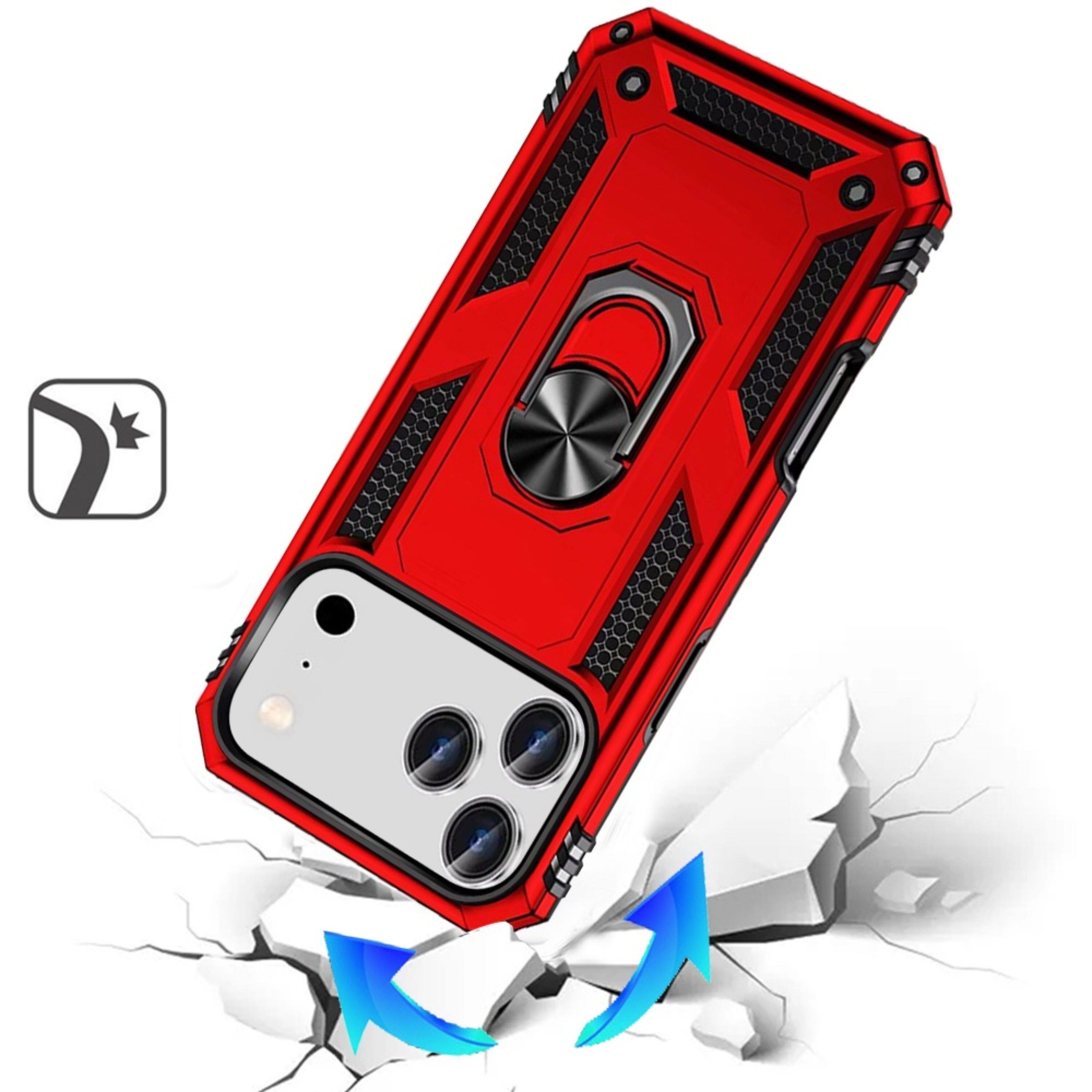 Angle. Kitcheniva - Rugged Metal Ring Kickstand Phone Case With Tempered Glass For iPhone 17 Pro Red - Red.