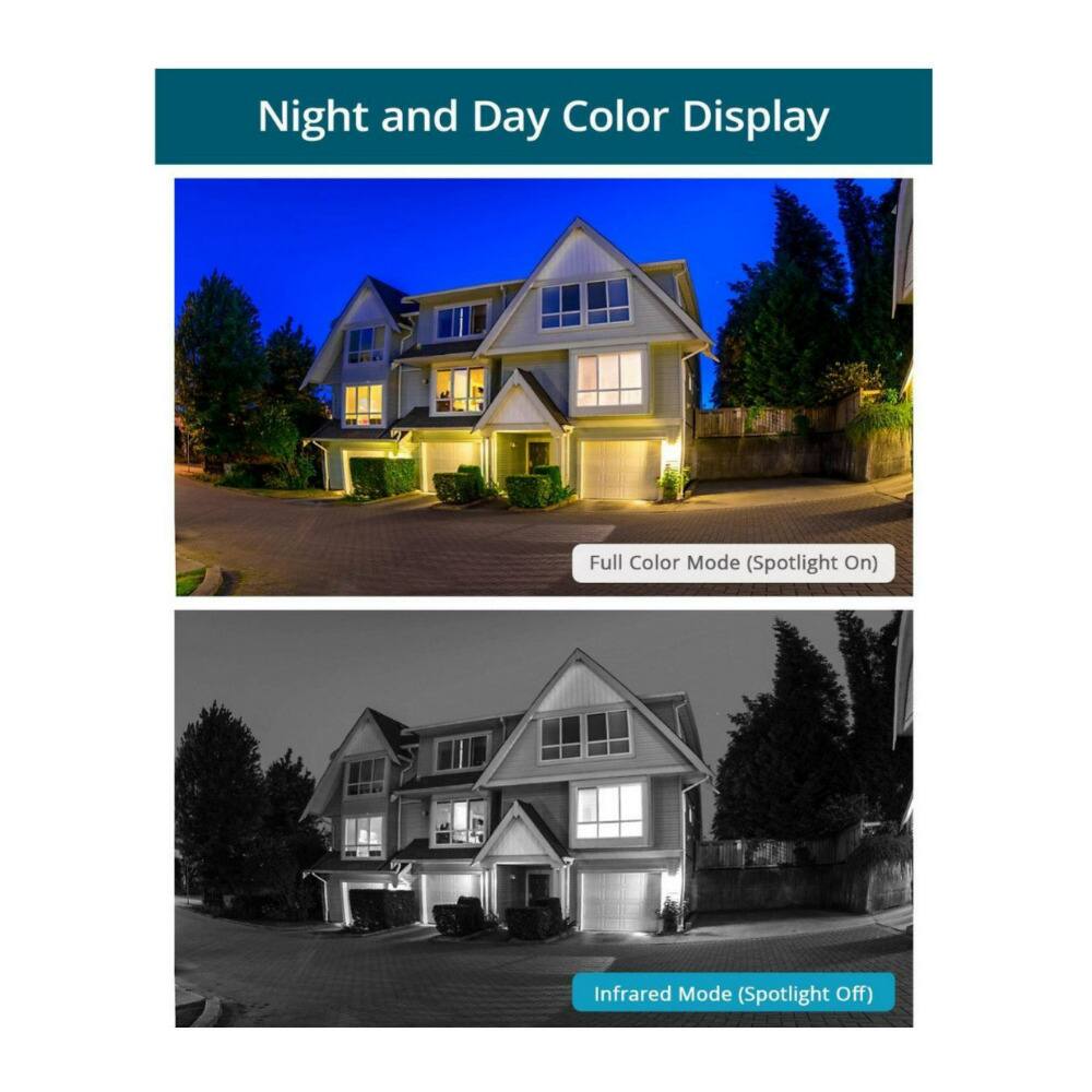 The text on the image reads: "Night and Day Color Display Full Color Mode (Spotlight On) Infrared Mode (Spotlight Off)".