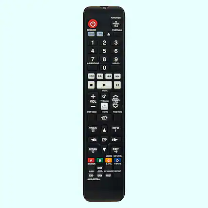 FUNCTION TV SOURCE FOOTBALL
RECEIVER DVD TV
1 2 3 4 5 6 7 8 9 0
V-SURROUND
MUTE
VOL TV SOUND
TUNING CH
DISP MENU HOME TITLE MENU TOOLS INFO
RETURN EXIT
USB REC SW LEVEL
DIMMER S.VOL P.BASS
SLEEP GIGA ECHO MY KARAOKE REPEAT
AHS9-02550A