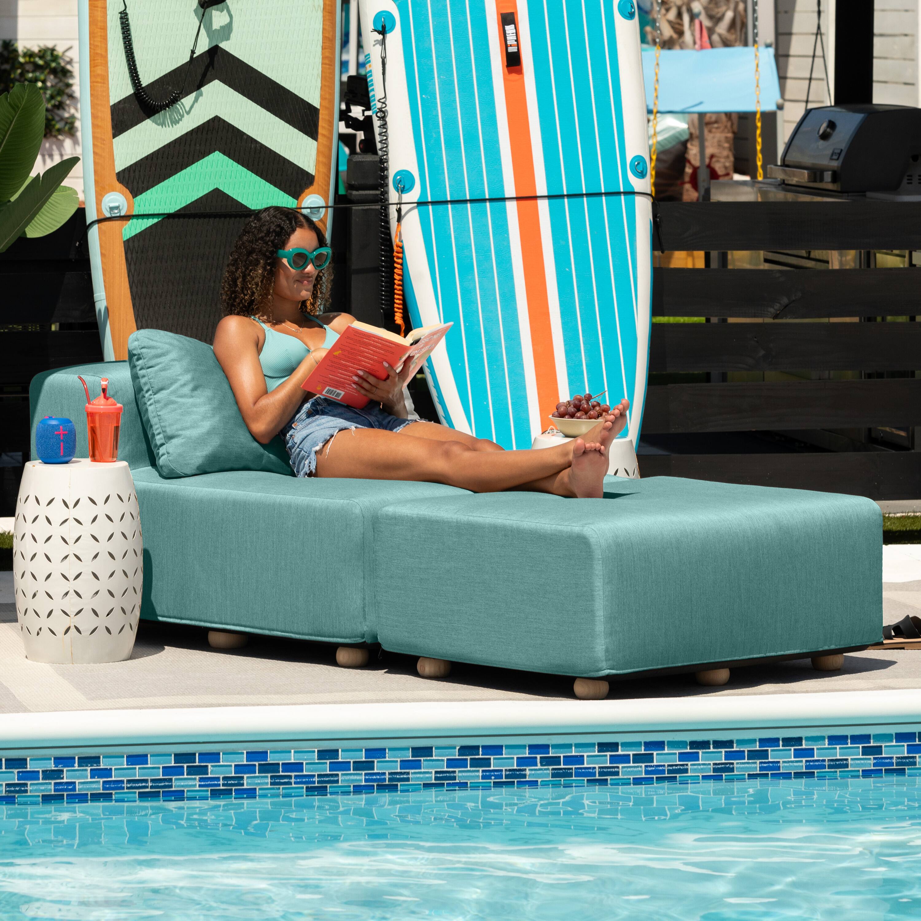 Left. Jaxx - Jaxx Vada Outdoor Sun Lounger Luxury Modular Chaise & Ottoman with Sunbrella Fabric & Waterproof Cover, Sunbrella Breeze - Breeze.