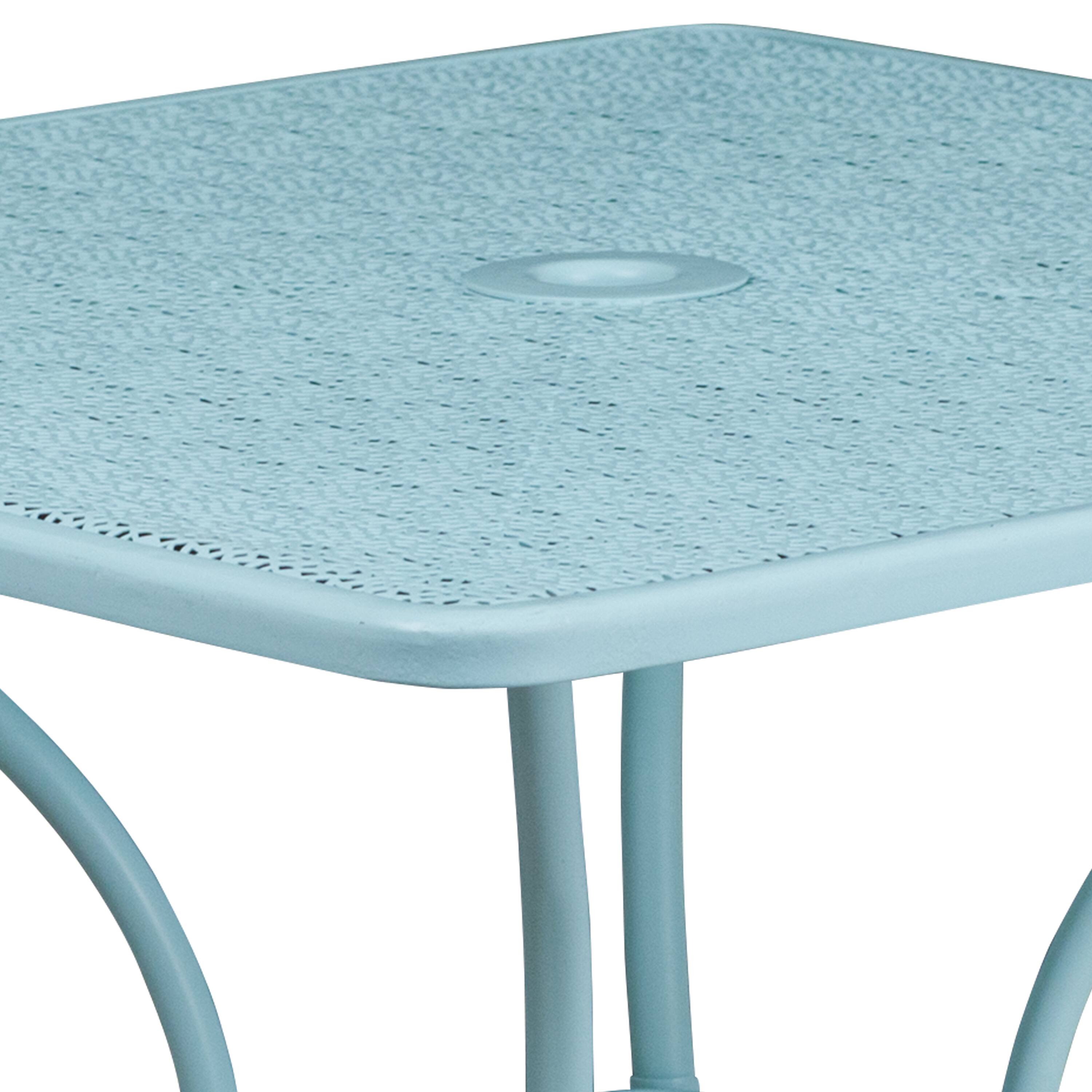 Alt View 5. Emma + Oliver - Commercial Grade 35.5" Square Colorful Metal Garden Patio Table with Umbrella Hole - Sky Blue.