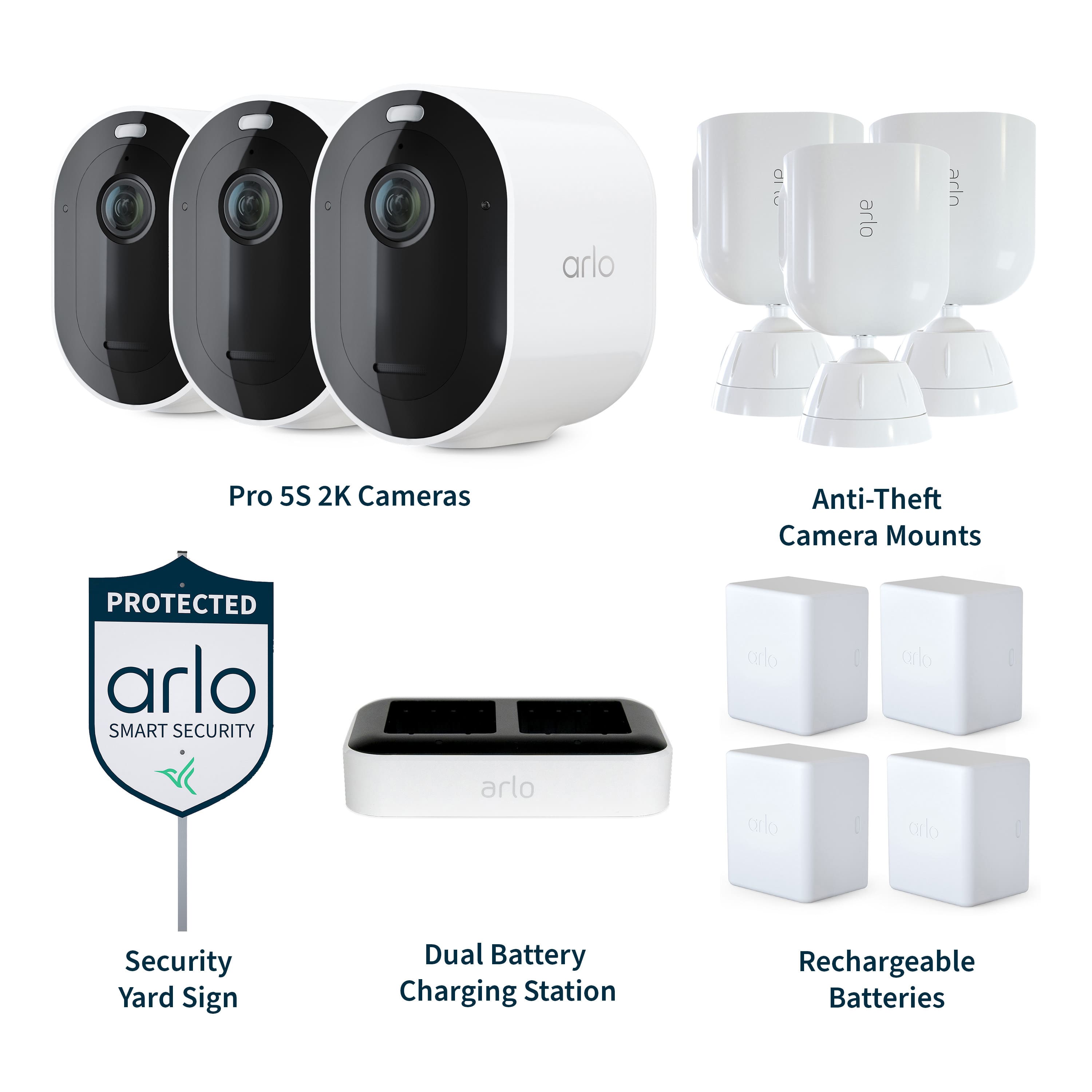 Grouped text:
* Pro 5S 2K Cameras
* Anti-Theft Camera Mounts
* Protected by Arlo Smart Security
* Yard Sign
* Dual Battery Charging Station
* Rechargeable Batteries
