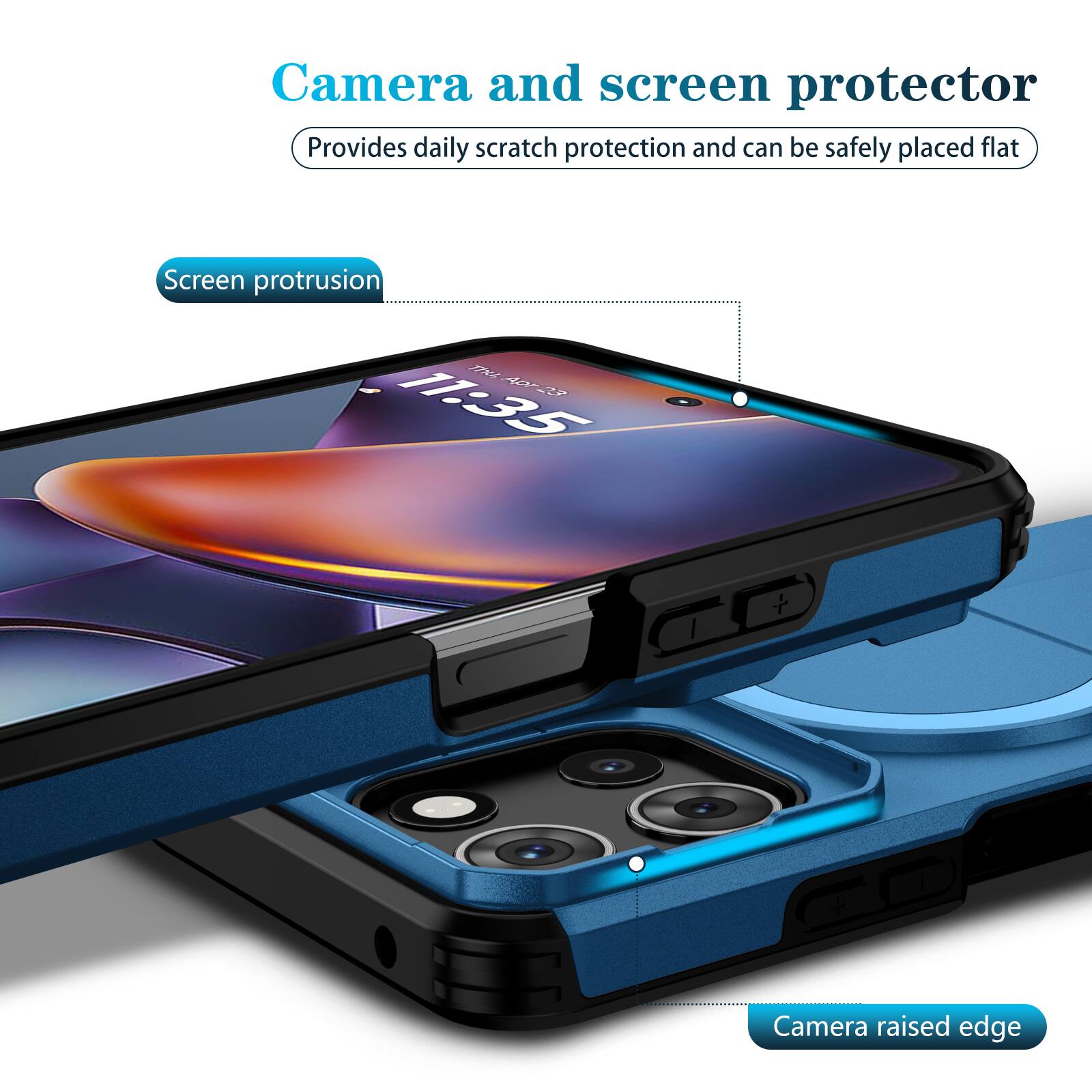 Camera and screen protector  
Provides daily scratch protection and can be safely placed flat  

Screen protrusion  
11:35  

Camera raised edge