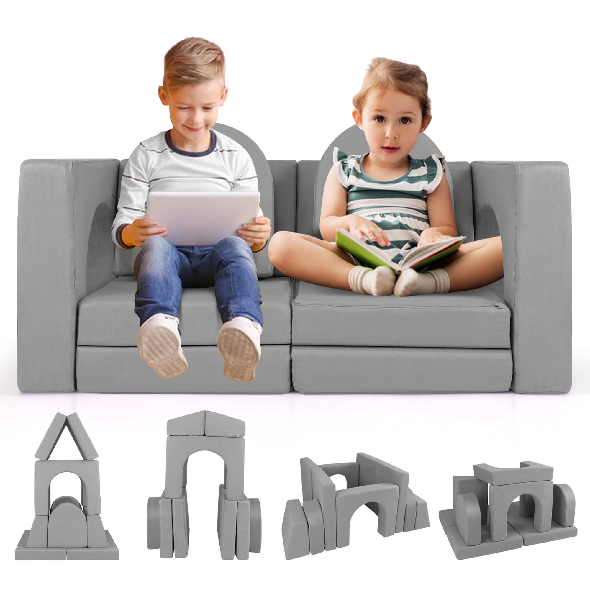 Front. Gymax - Gymax 8 PCS Modular Kids Play Couch Sofa w/ Suede Fabric Cover High-Density Foam Grey - Grey.
