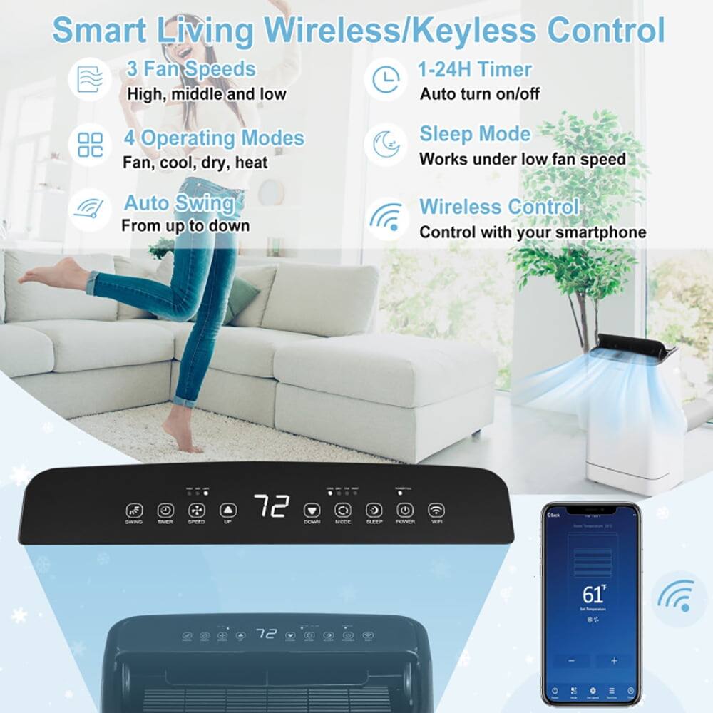 Smart Living Wireless/Keyless Control

- 3 Fan Speeds: High, middle, and low
- 4 Operating Modes: Fan, cool, dry, heat
- Auto Swing: From up to down
- 1-24H Timer: Auto turn on/off
- Sleep Mode: Works under low fan speed
- Wireless Control: Control with your smartphone