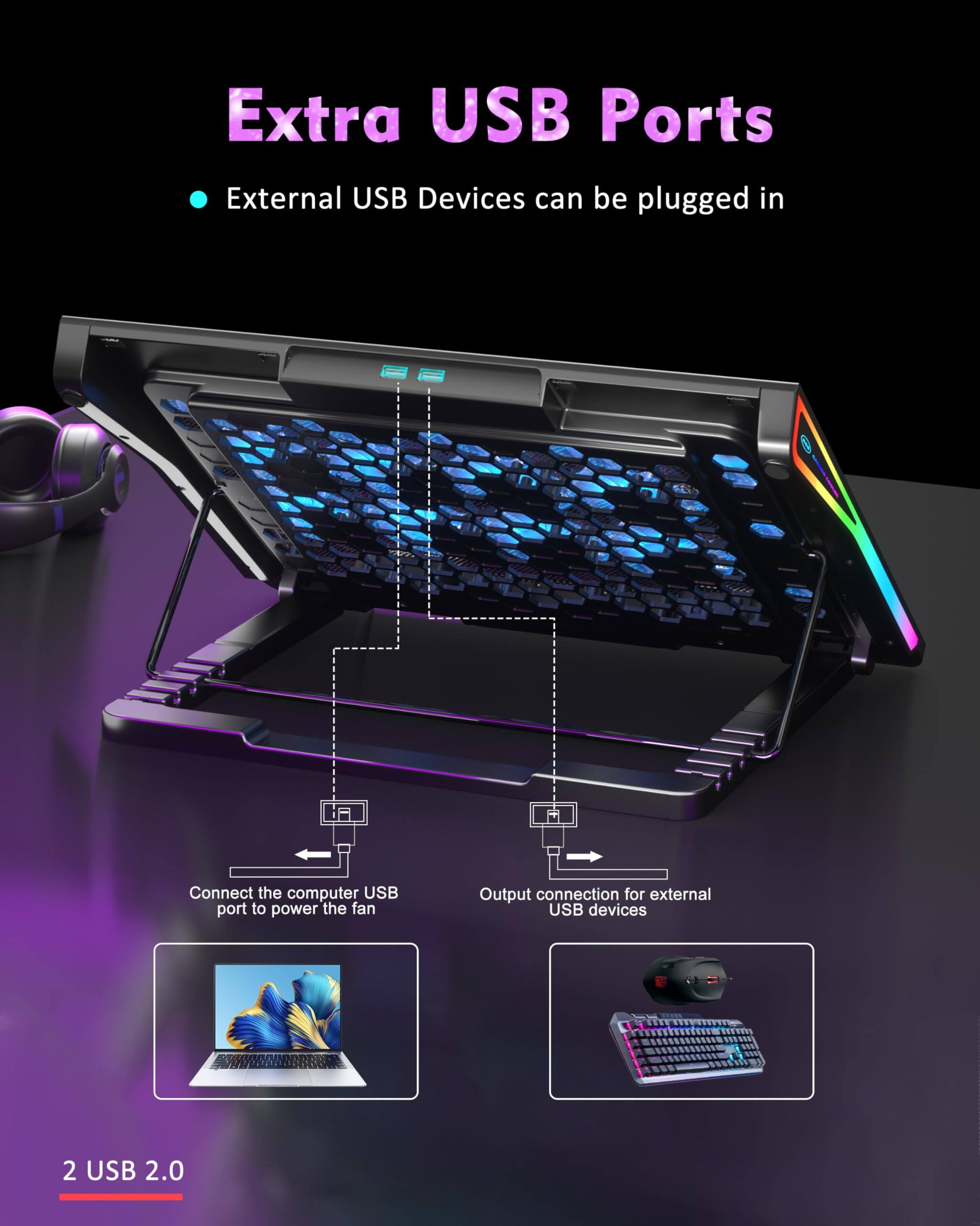 Extra USB Ports  
External USB Devices can be plugged in  

Connect the computer USB port to power the fan  
Output connection for external USB devices  

2 USB 2.0