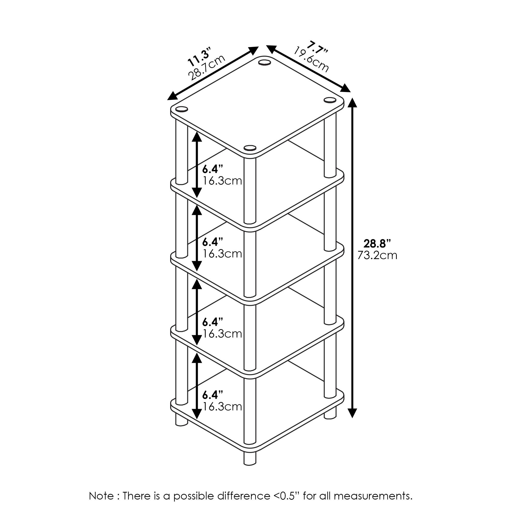 - 11.3" (28.7 cm)
- 7.7" (19.6 cm)
- 28.8" (73.2 cm)
- 6.4" (16.3 cm) (repeated three times)

Note: There is a possible difference <0.5" for all measurements.