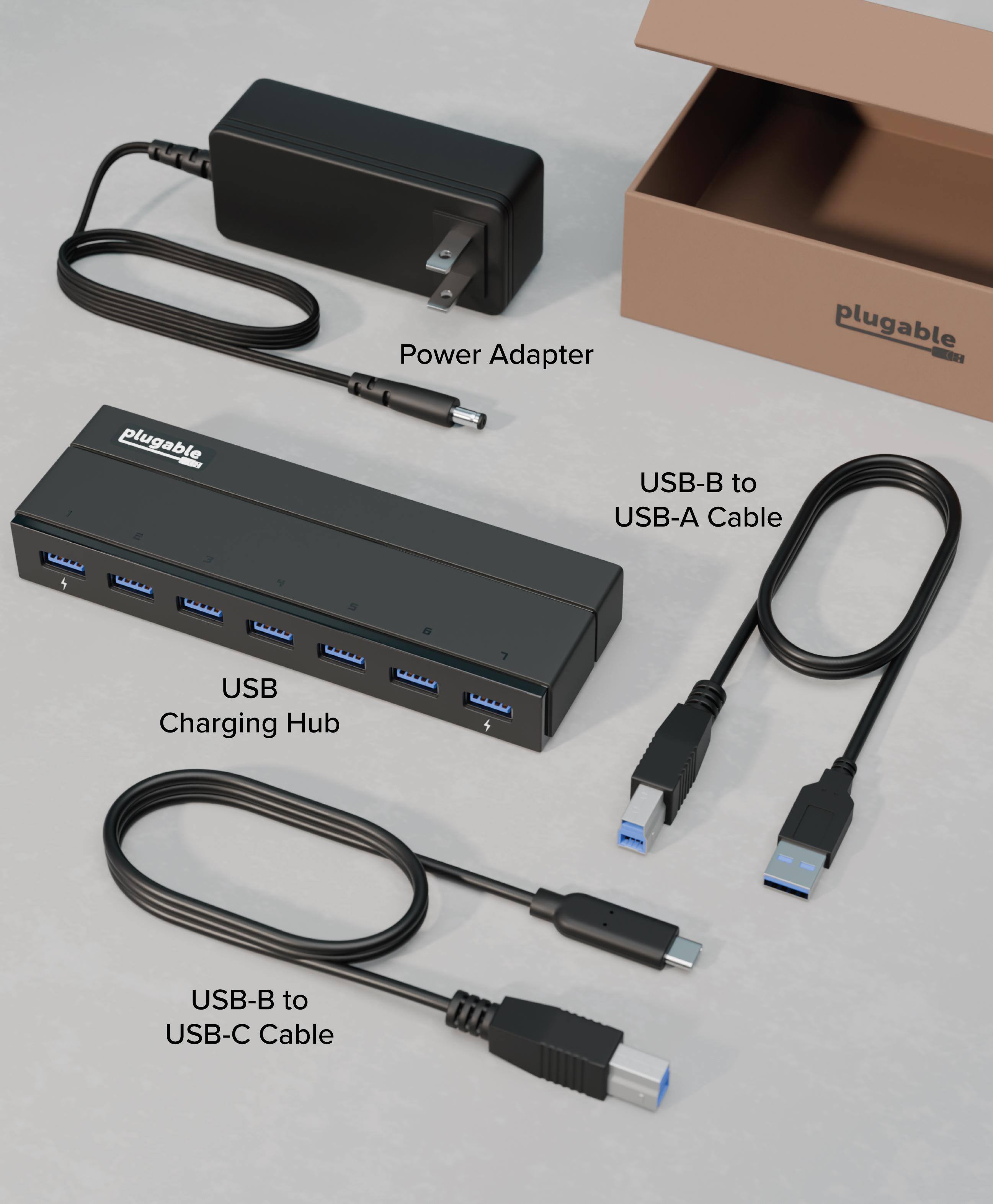 Power Adapter - plugable  
USB-B to USB-A Cable  
USB Charging Hub  
USB-B to USB-C Cable