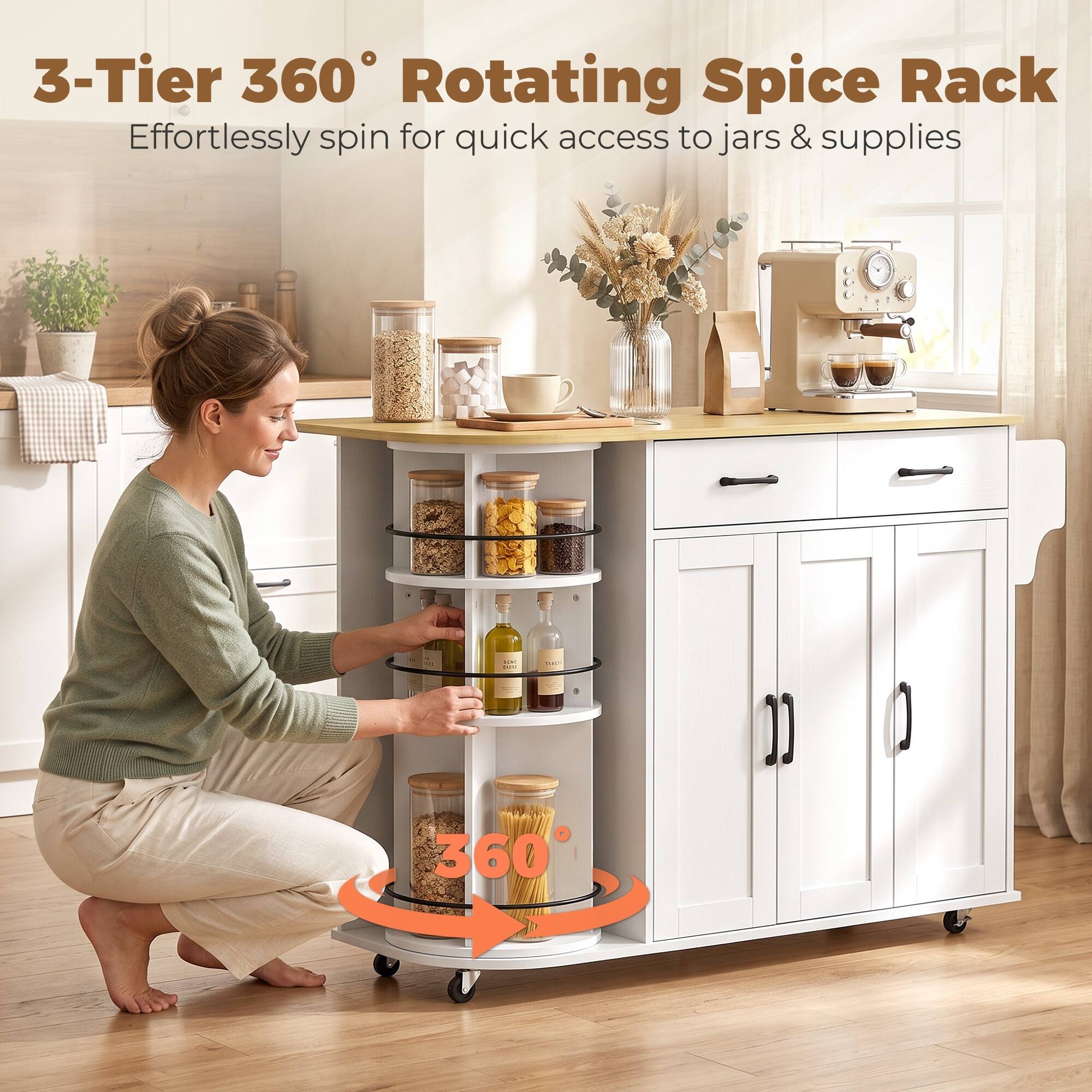 3-Tier 360° Rotating Spice Rack  
Effortlessly spin for quick access to jars & supplies