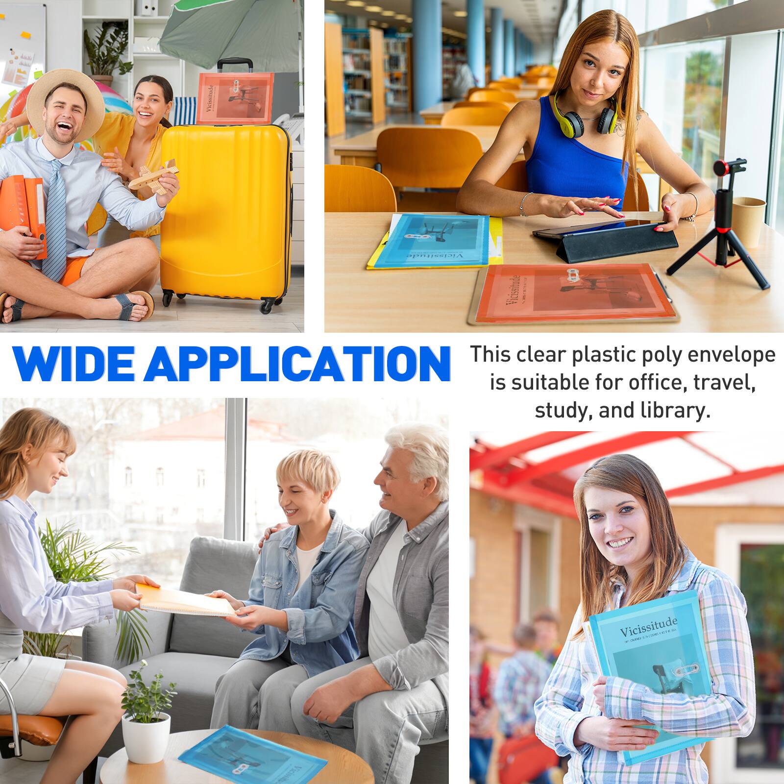 A 55 ! Ficzwstude L B This clear plastic poly envelope WIDE APPLICATION is suitable for office, travel, study, and library. Vicissitude