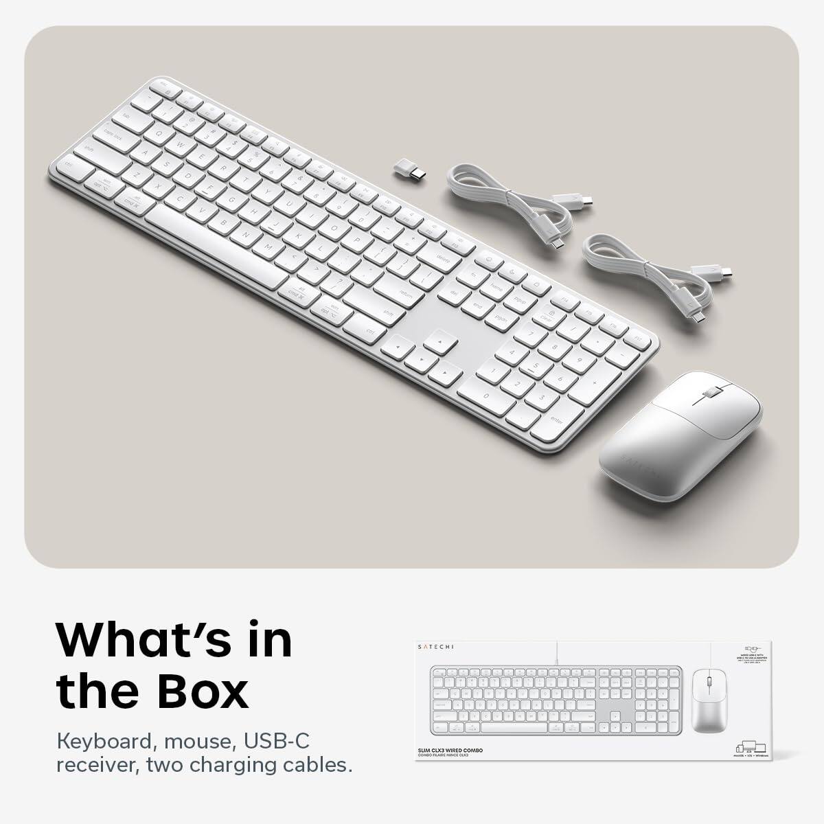 What's in the Box  
Keyboard, mouse, USB-C receiver, two charging cables.