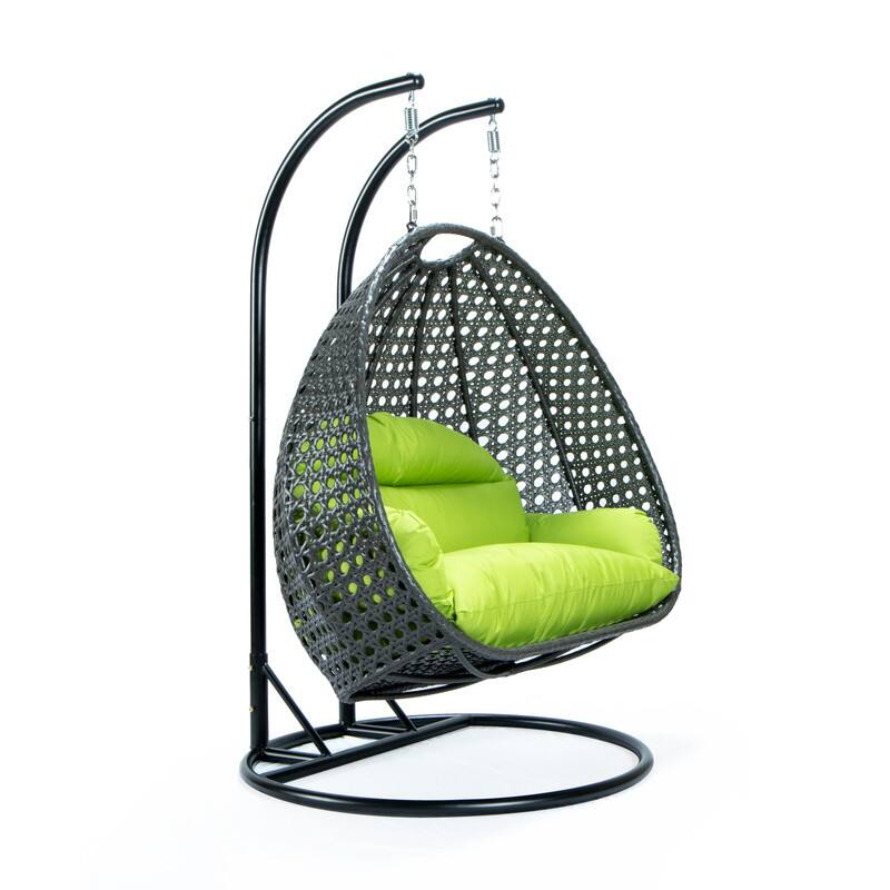 Back. LeisureMod - Leisuremod Outdoor 2-Person Charcoal Wicker Egg Swing Chair with Steel Stand, Washable Cushions & Waterproof Cover - Light Green.