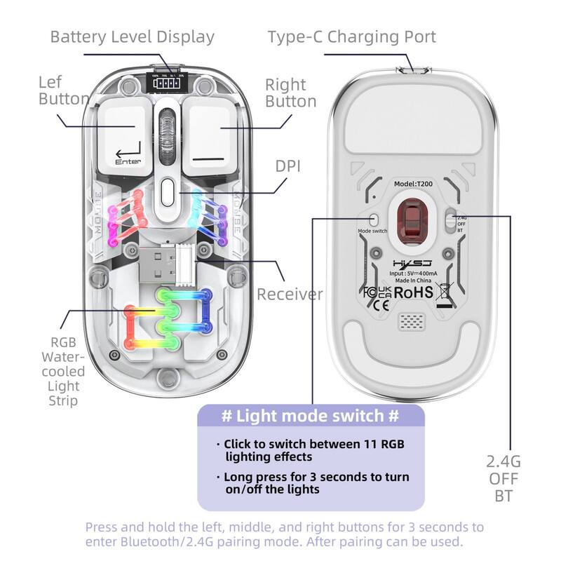 Battery Level Display  
Type-C Charging Port  
Left Button  
Right Button  
DPI  
Model: T200  
Mode switch  
Receiver  
RGB Water-cooled Light Strip  
Light mode switch  
Click to switch between 11 RGB lighting effects  
Long press for 3 seconds to turn on/off the lights  
2.4G OFF BT  
Press and hold the left, middle, and right buttons for 3 seconds to enter Bluetooth/2.4G pairing mode. After pairing can be used.  

Input: 5V/400mA  
Made in China  
UK CA RoHS CE