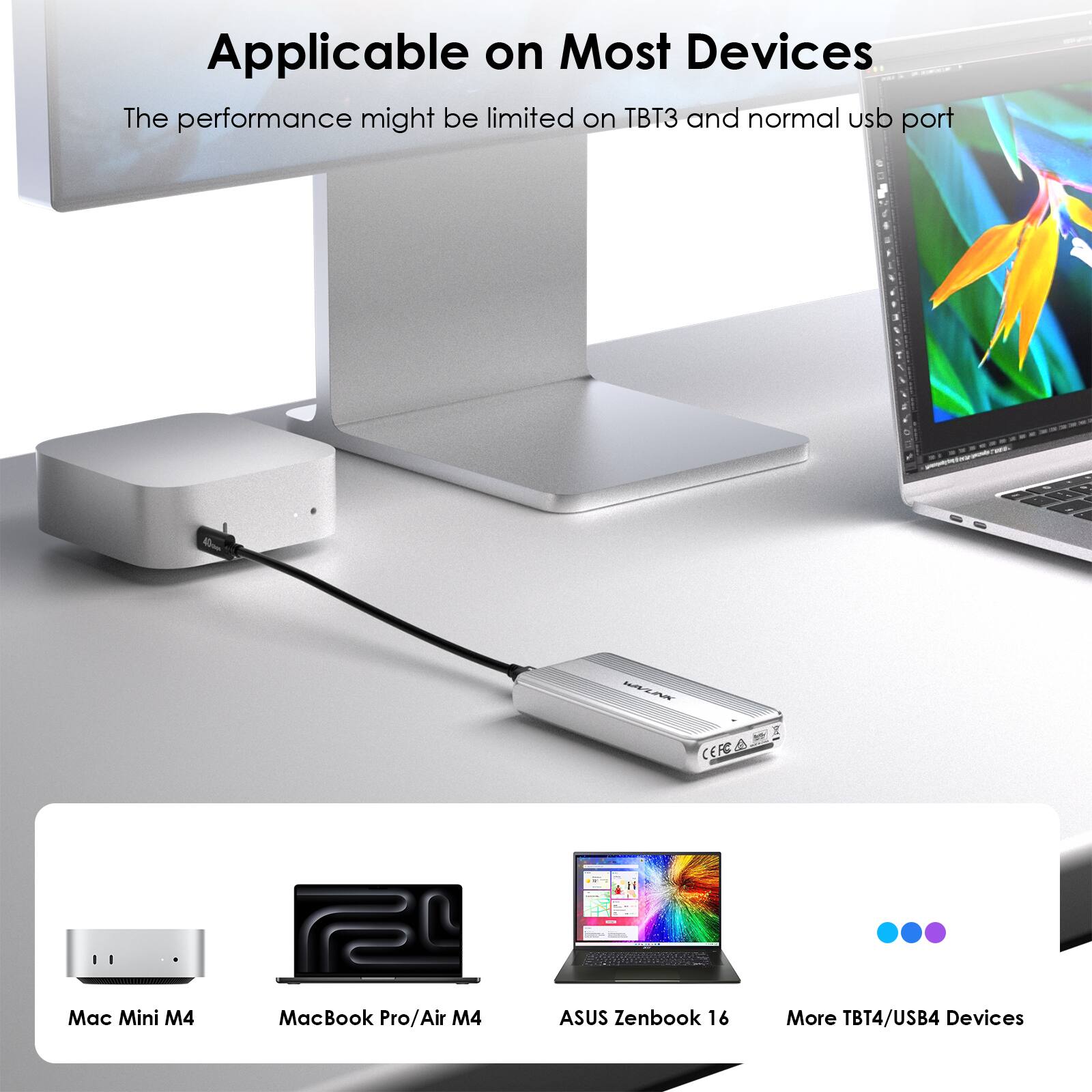 Applicable on Most Devices  
The performance might be limited on TBT3 and normal USB port  

WAVLINK I CEFCA  

Mac Mini M4  
MacBook Pro/Air M4  
ASUS Zenbook 16  
More TBT4/USB4 Devices