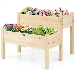 Gymax - 2 Tier Wooden Raised Garden Bed Elevated Planter Box w/Legs Drain Holes - Natural