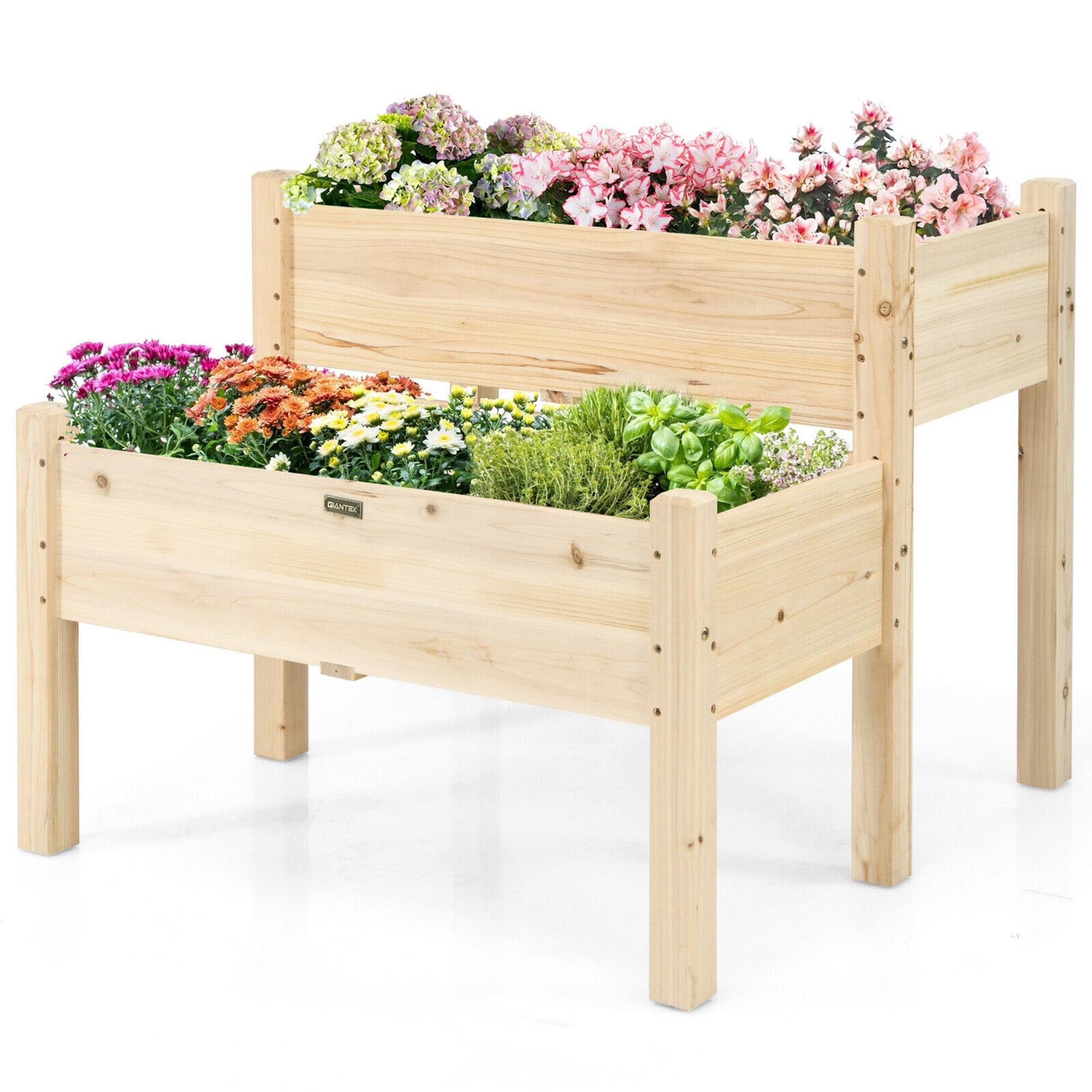Front. Gymax - Gymax 2 Tier Wooden Raised Garden Bed Elevated Planter Box w/Legs Drain Holes - Natural.