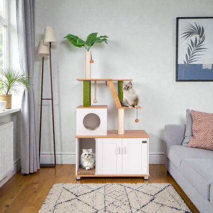 Front. BreeBe - Indoor Cat Furniture with Integrated Washroom and Climbing Tower - White.