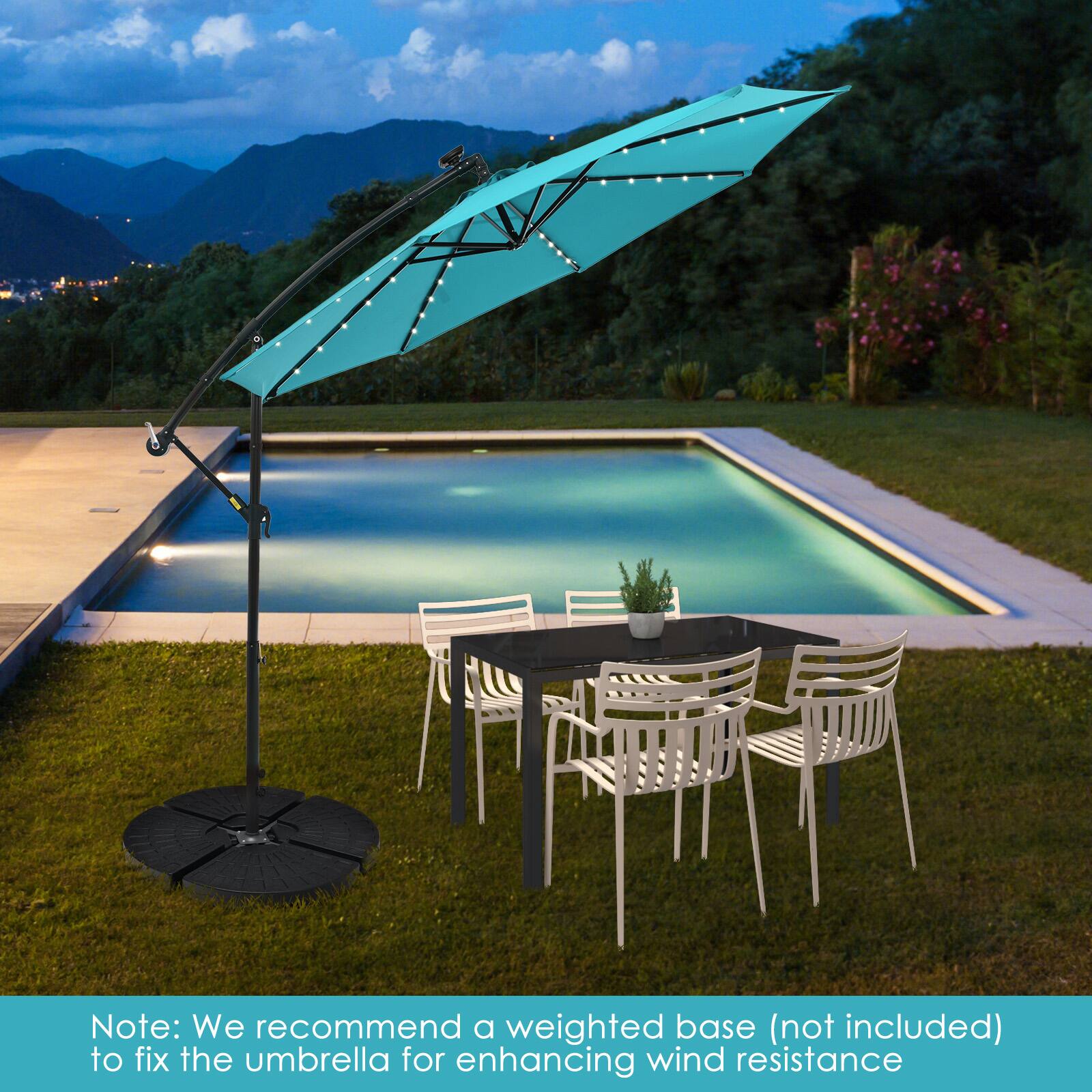 Note: We recommend a weighted base (not included) to fix the umbrella for enhancing wind resistance.