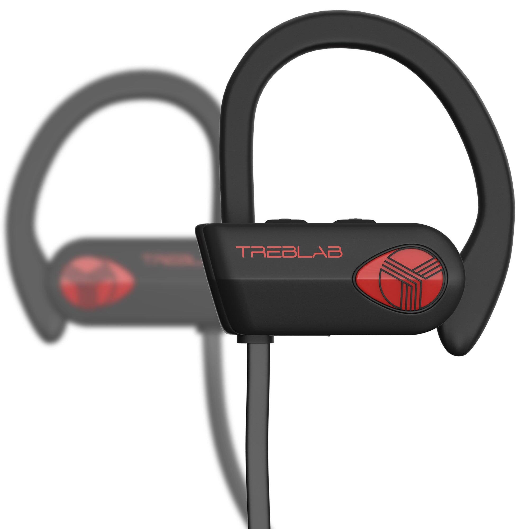 Left. TREBLAB - XR500 Bluetooth Running Headphones, IPX7 Waterproof, Noise Cancelling, Secure-Fit, Wireless Sport Earbuds with Mic - Black.