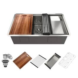 Boyel Living - 32 in. Undermount Single Bowl 18-Gauge Stainless Steel Kitchen Sink with Cutting Board, Rolling Drying Rack, Colander - Silver