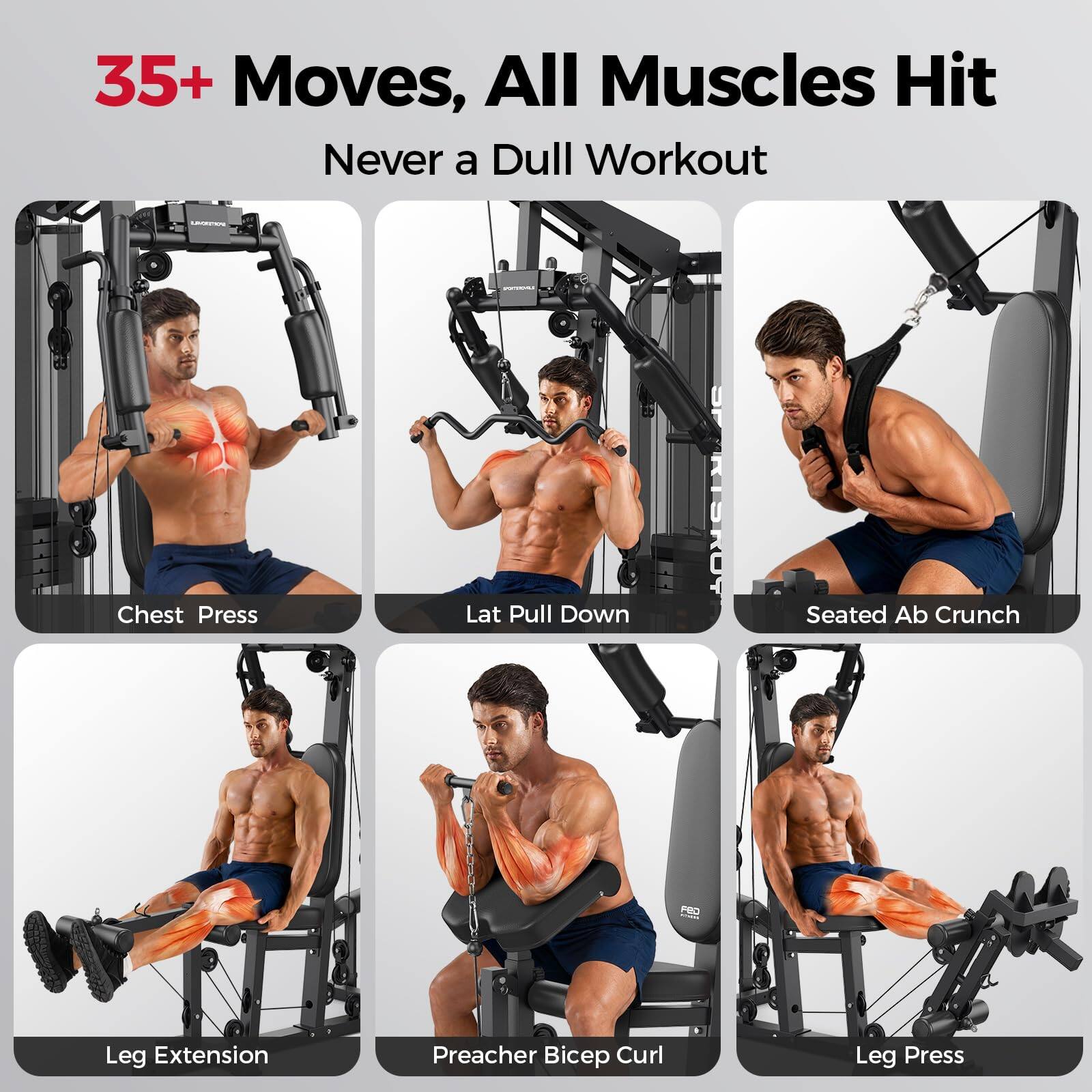 35+ Moves, All Muscles Hit  
Never a Dull Workout  

Chest Press  
Lat Pull Down  
Seated Ab Crunch  
Leg Extension  
Preacher Bicep Curl  
Leg Press