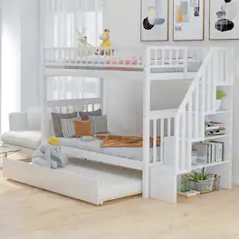 Loheer - Twin Over Twin Bunk Bed with Trundle and Storage - White