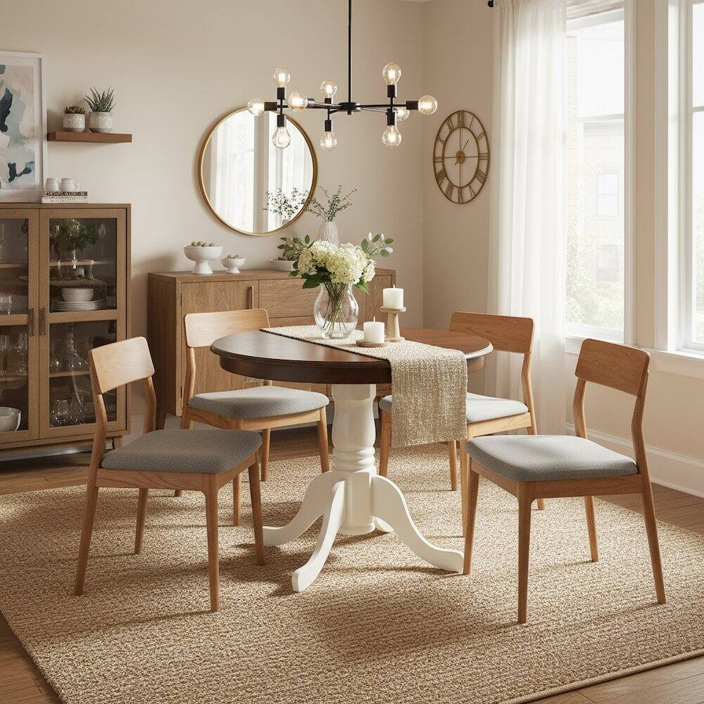 Back. FurniFact - Pedestal Dining Table - Mahogany & Linen White.