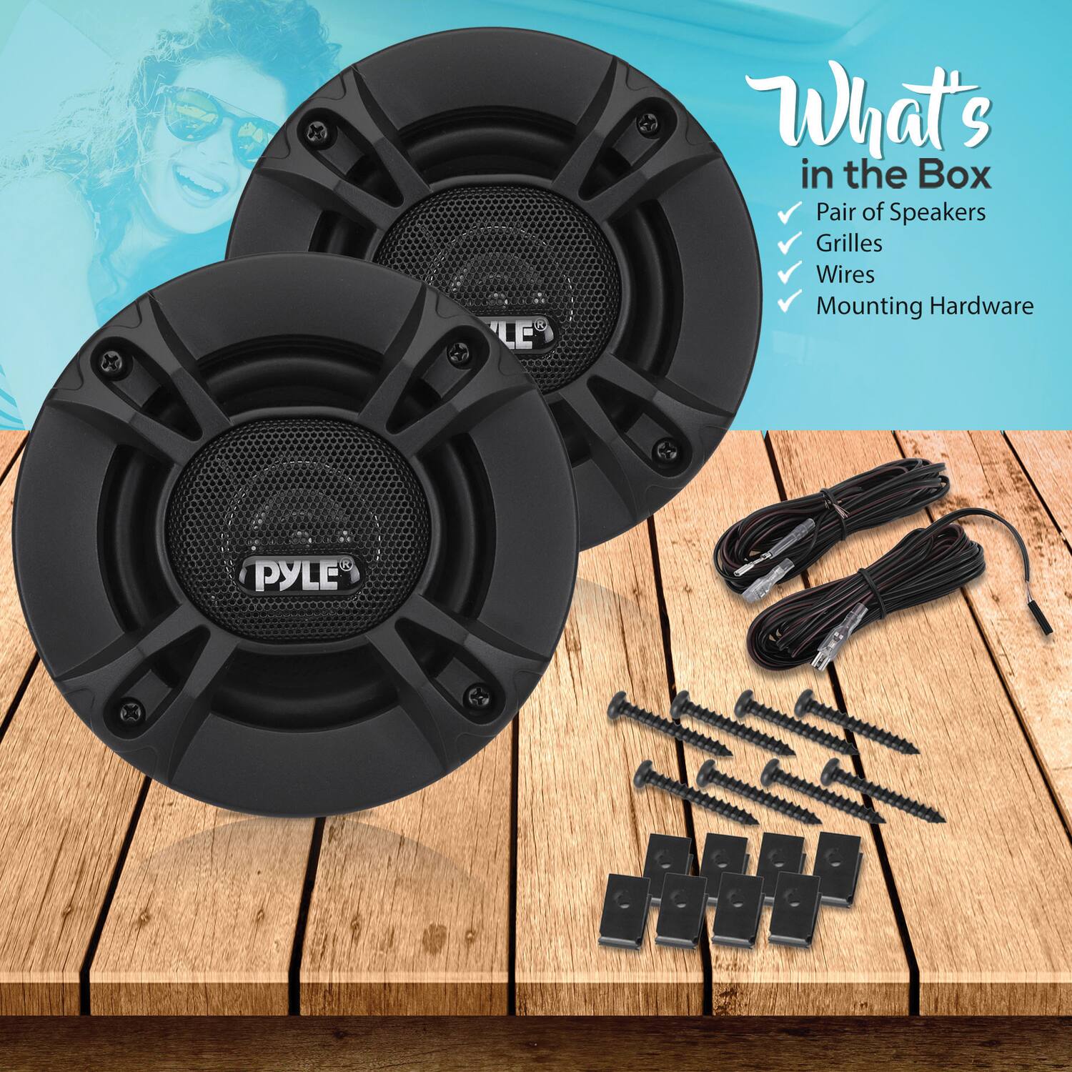 What's in the Box  
- Pair of Speakers  
- Grilles  
- Wires  
- Mounting Hardware  

PYLE