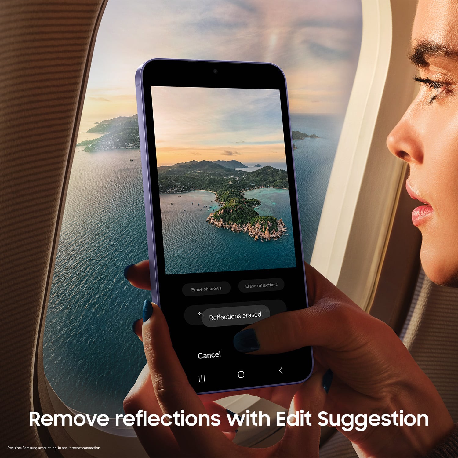 Remove reflections with Edit Suggestion. Requires a Pixel account and in-app purchase.