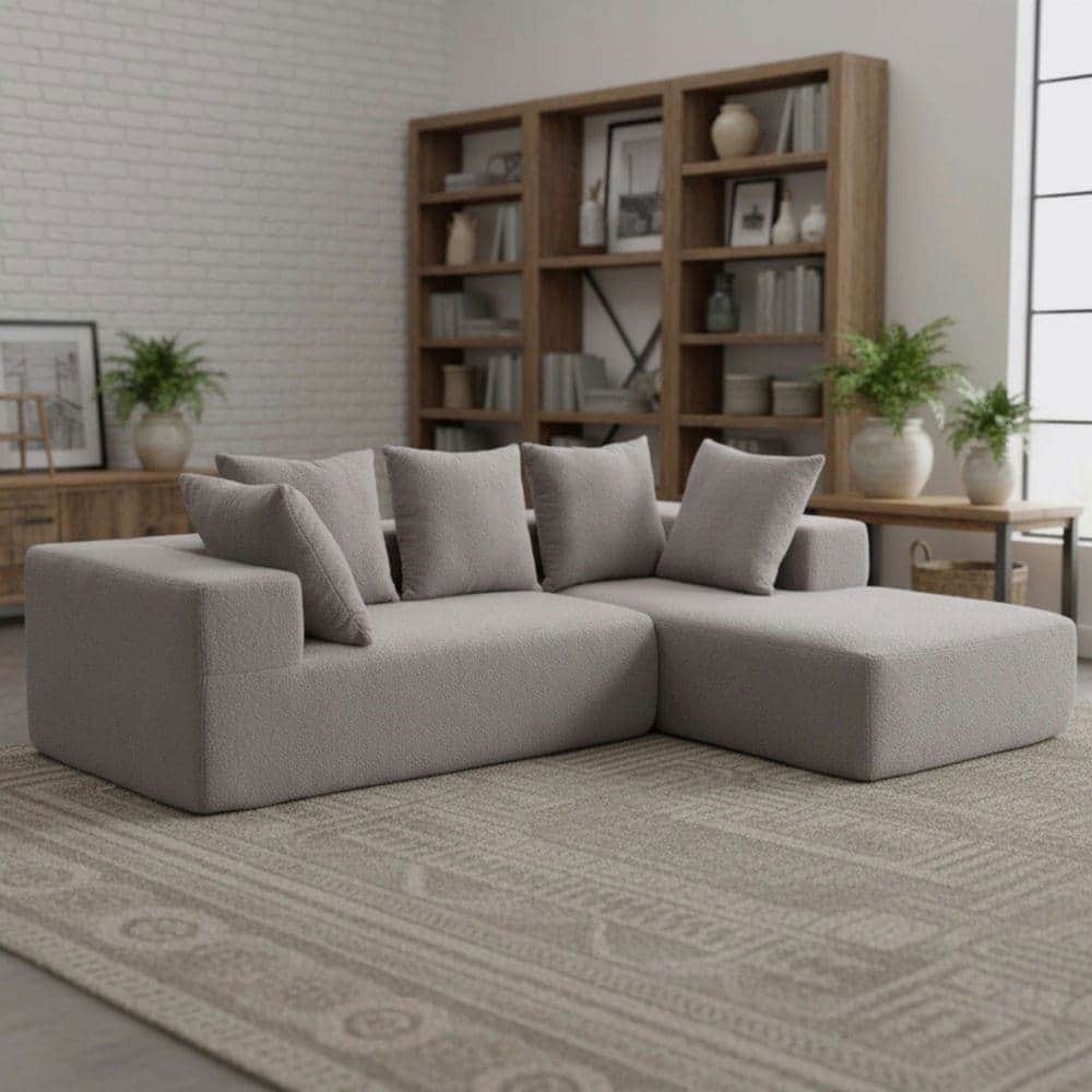 Resenkos - Full Foam Compression Modular Sofa with 5 Throw Pillows, Flannelette Fabric, L-Shaped, Ideal for Small Space - Gray