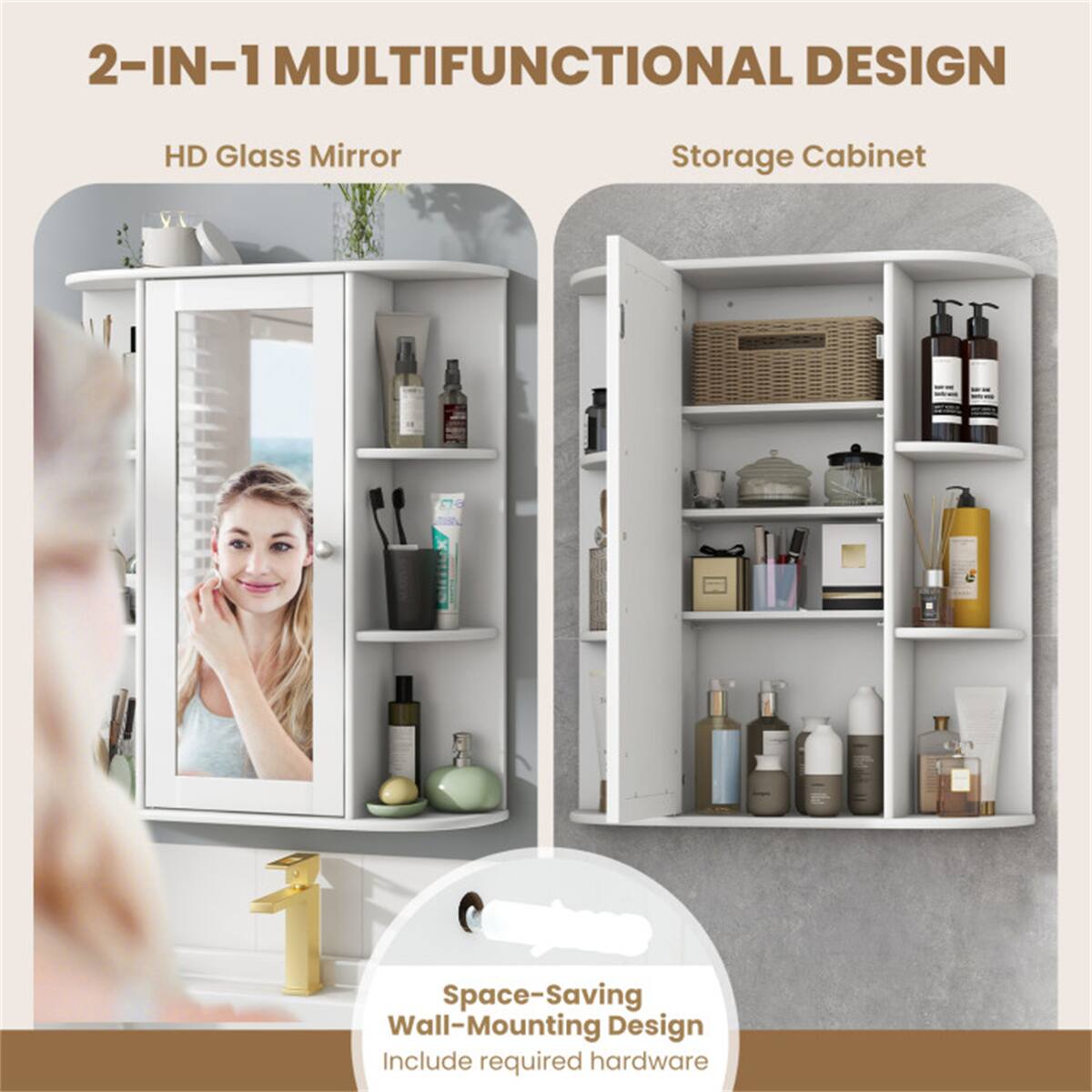 2-IN-1 MULTIFUNCTIONAL DESIGN

HD Glass Mirror

Storage Cabinet

Space-Saving Wall-Mounting Design
Include required hardware