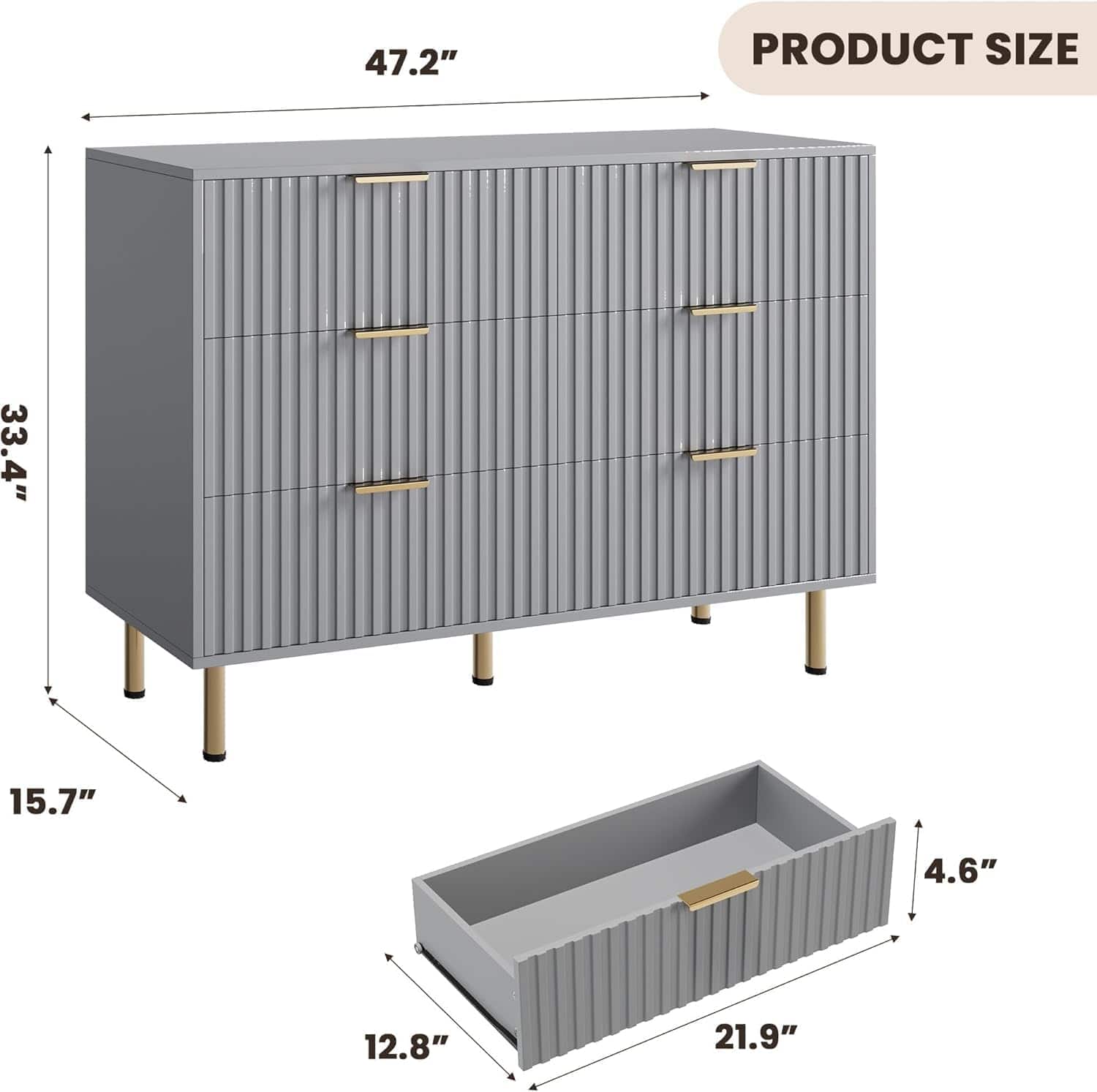 Homhougo - Zebra 6-Drawer Cabinet, Honeycomb Design, Gold Handles, Gray Storage Solution - Matt Gray