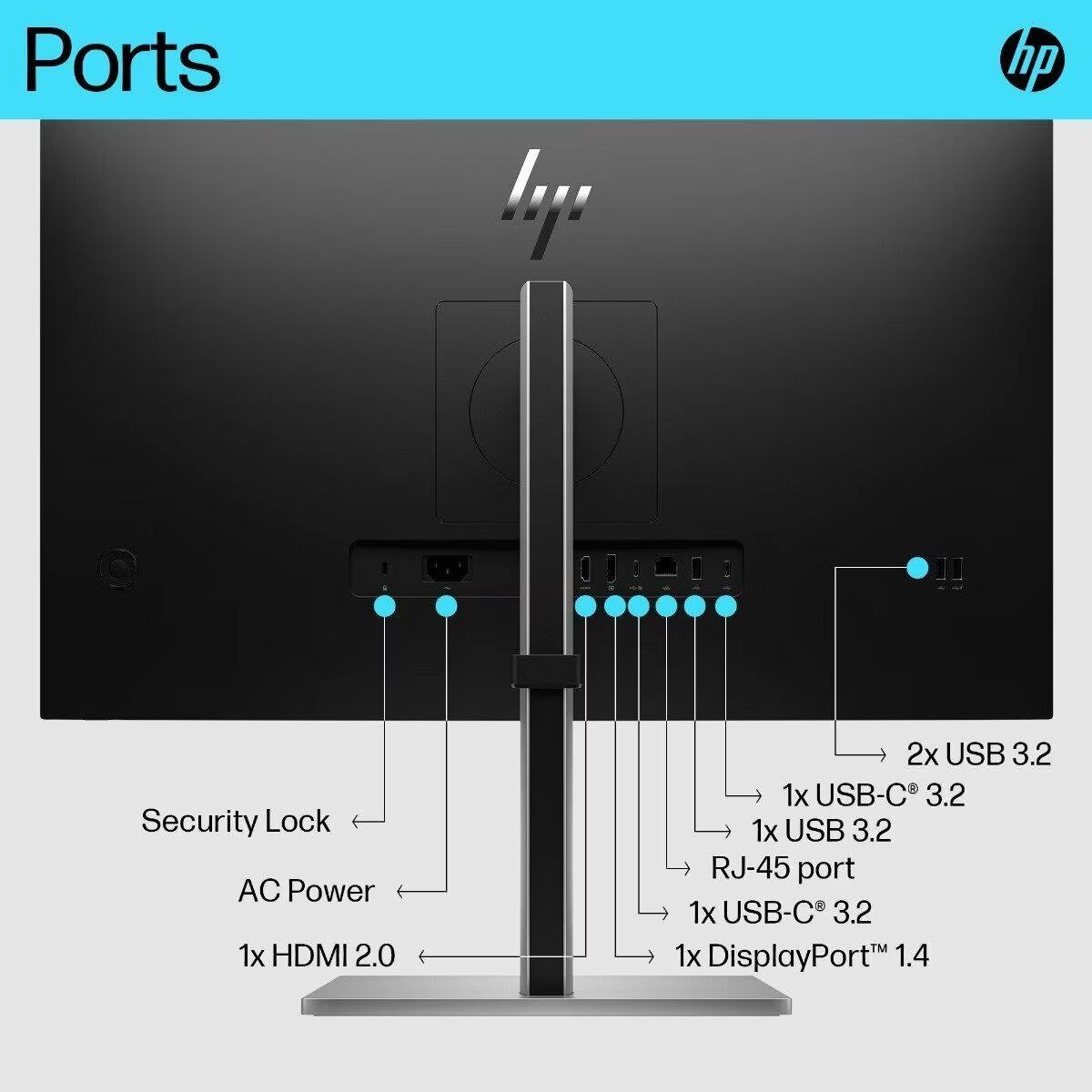 Ports

- Security Lock
- AC Power
- 1x HDMI 2.0
- 2x USB 3.2
- 1x USB-C 3.2
- 1x USB 3.2
- RJ-45 port
- 1x USB-C 3.2
- 1x DisplayPort™ 1.4