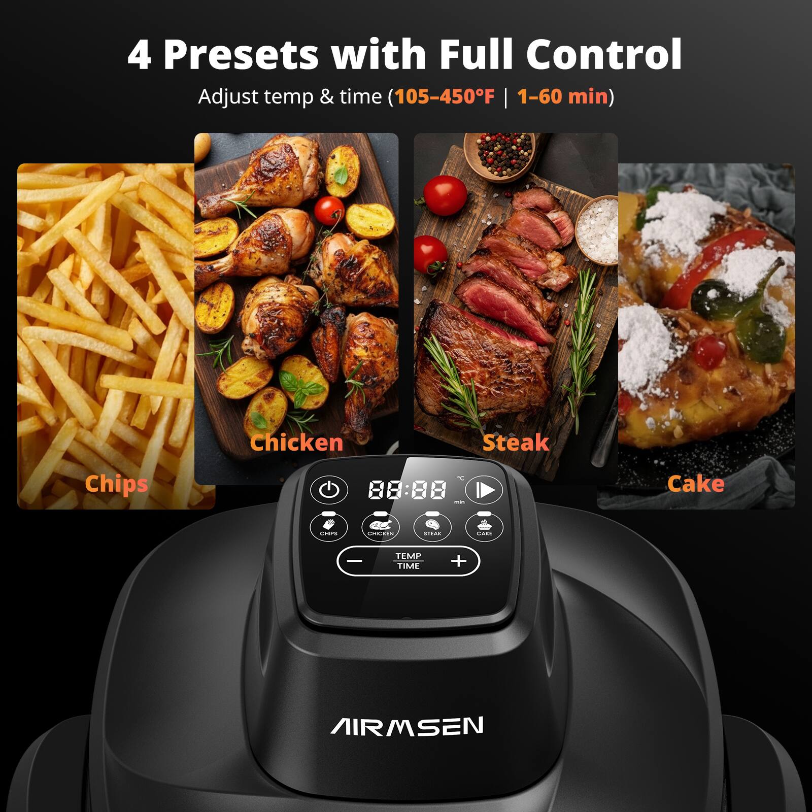 4 Presets with Full Control  
Adjust temp & time (105-450°F | 1-60 min)  

- Chips  
- Chicken  
- Steak  
- Cake  

AIRSEN