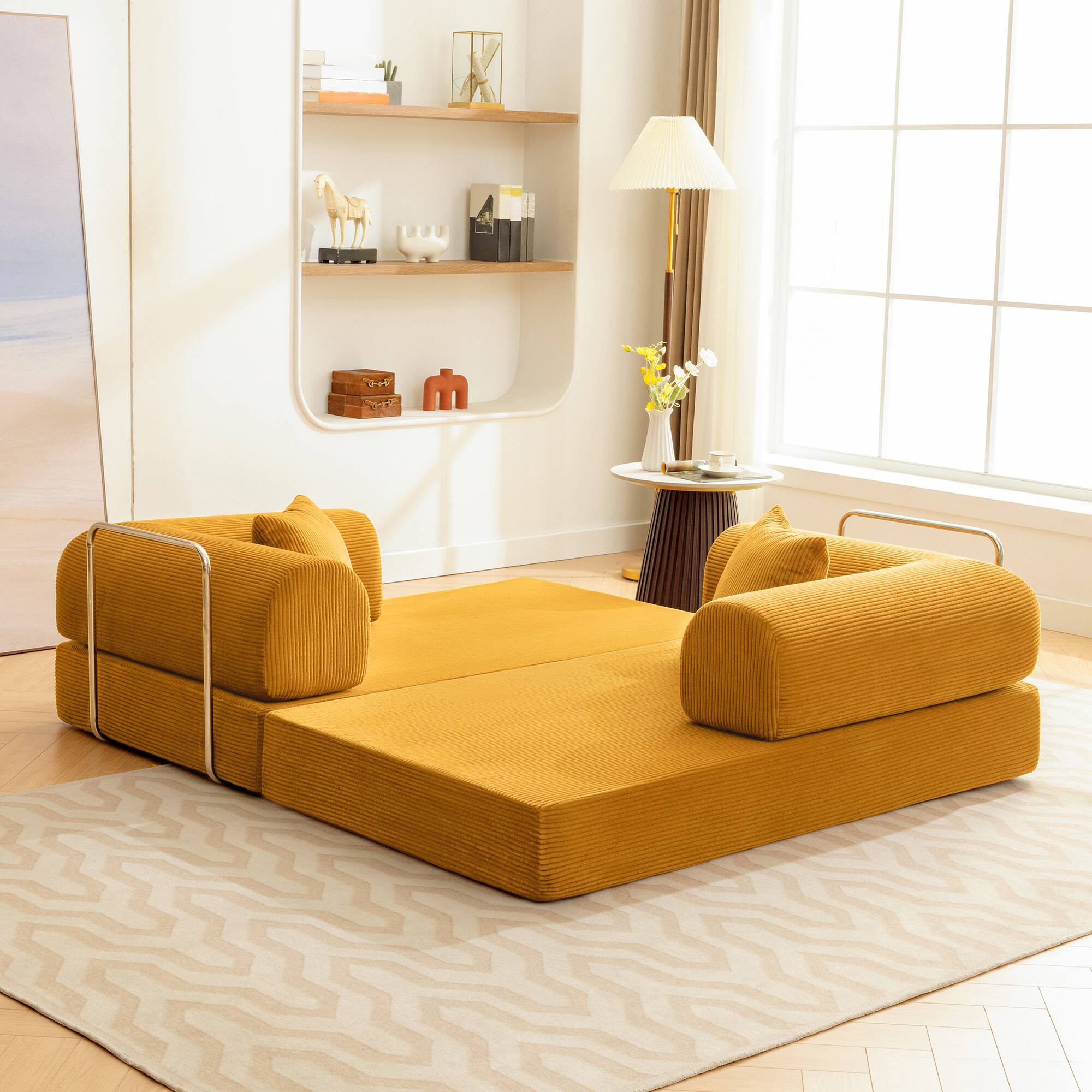 Alt View 10. KERDOM - 62'' Wide Corduroy Sleeper Sofa Bed, Convertible Loveseat Sofa With Pull-out Bed, Foldable Spliced Block Lounge Couch - Yellow.