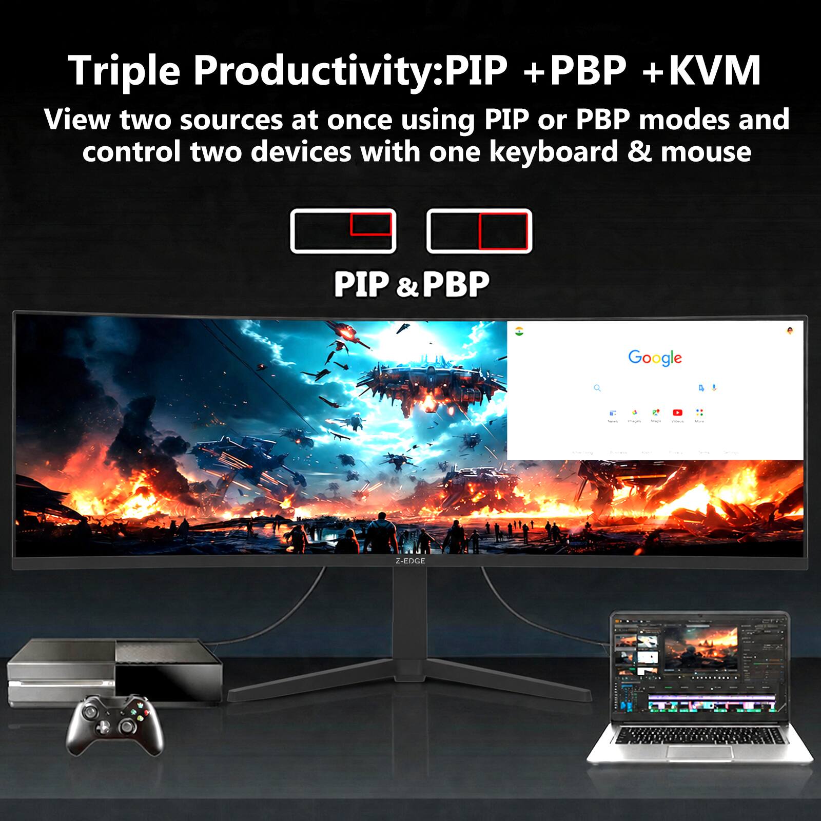 Triple Productivity: PIP + PBP + KVM

View two sources at once using PIP or PBP modes and control two devices with one keyboard & mouse

PIP & PBP

Google