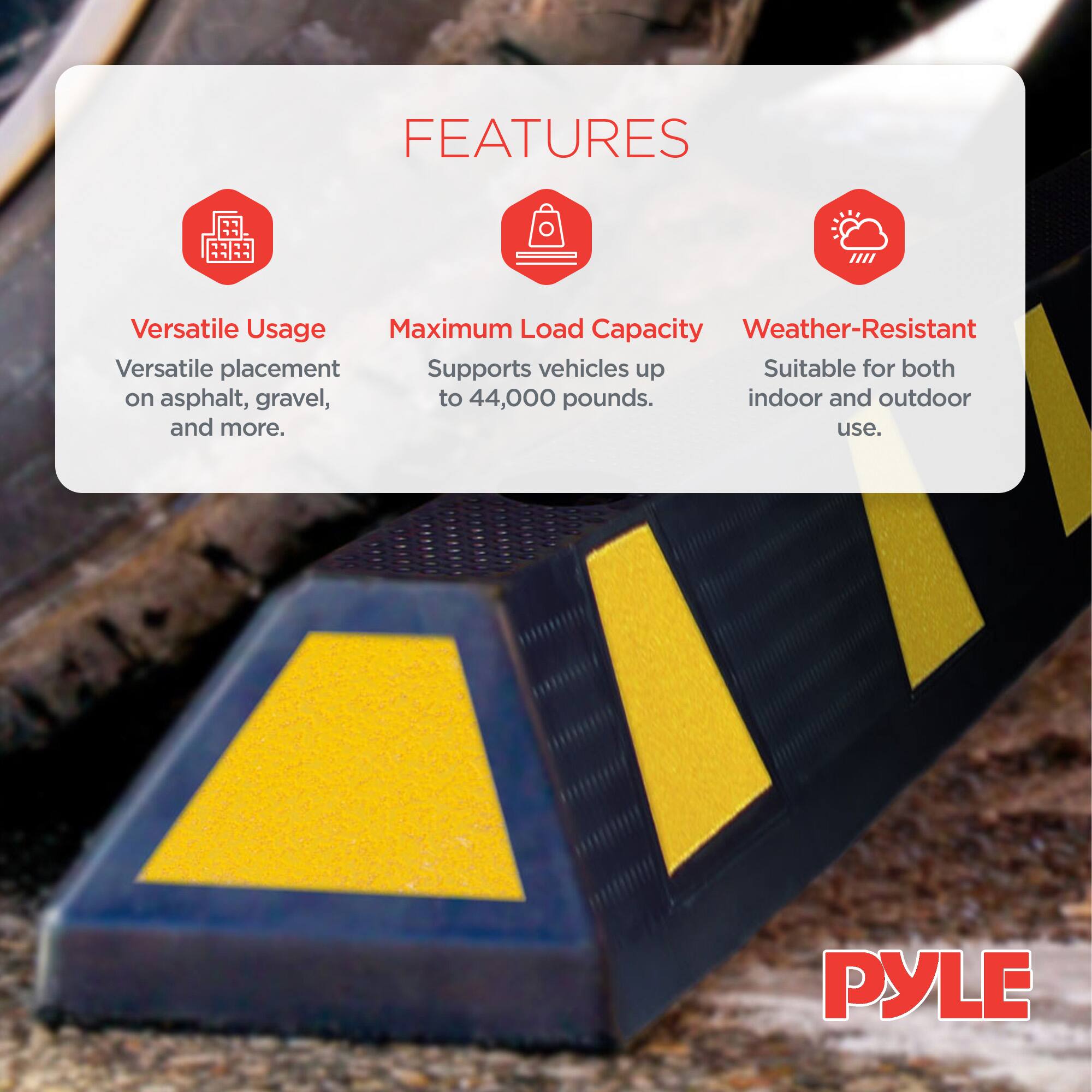 **FEATURES**

- **Versatile Usage**
  - Versatile placement on asphalt, gravel, and more.

- **Maximum Load Capacity**
  - Supports vehicles up to 44,000 pounds.

- **Weather-Resistant**
  - Suitable for both indoor and outdoor use.